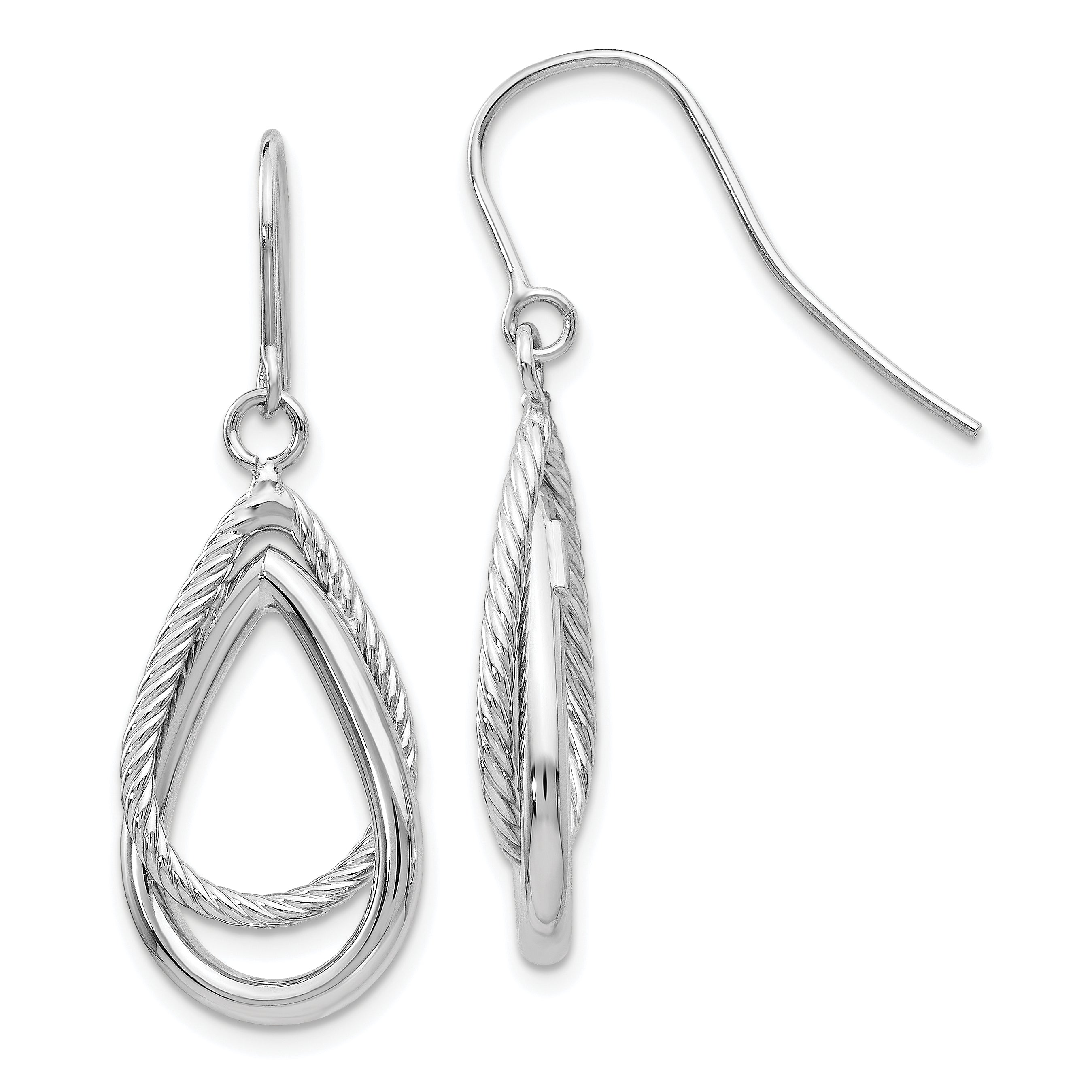 14K White Gold Polished and Textured Teardrop Shepherd Hook Earrings Main image