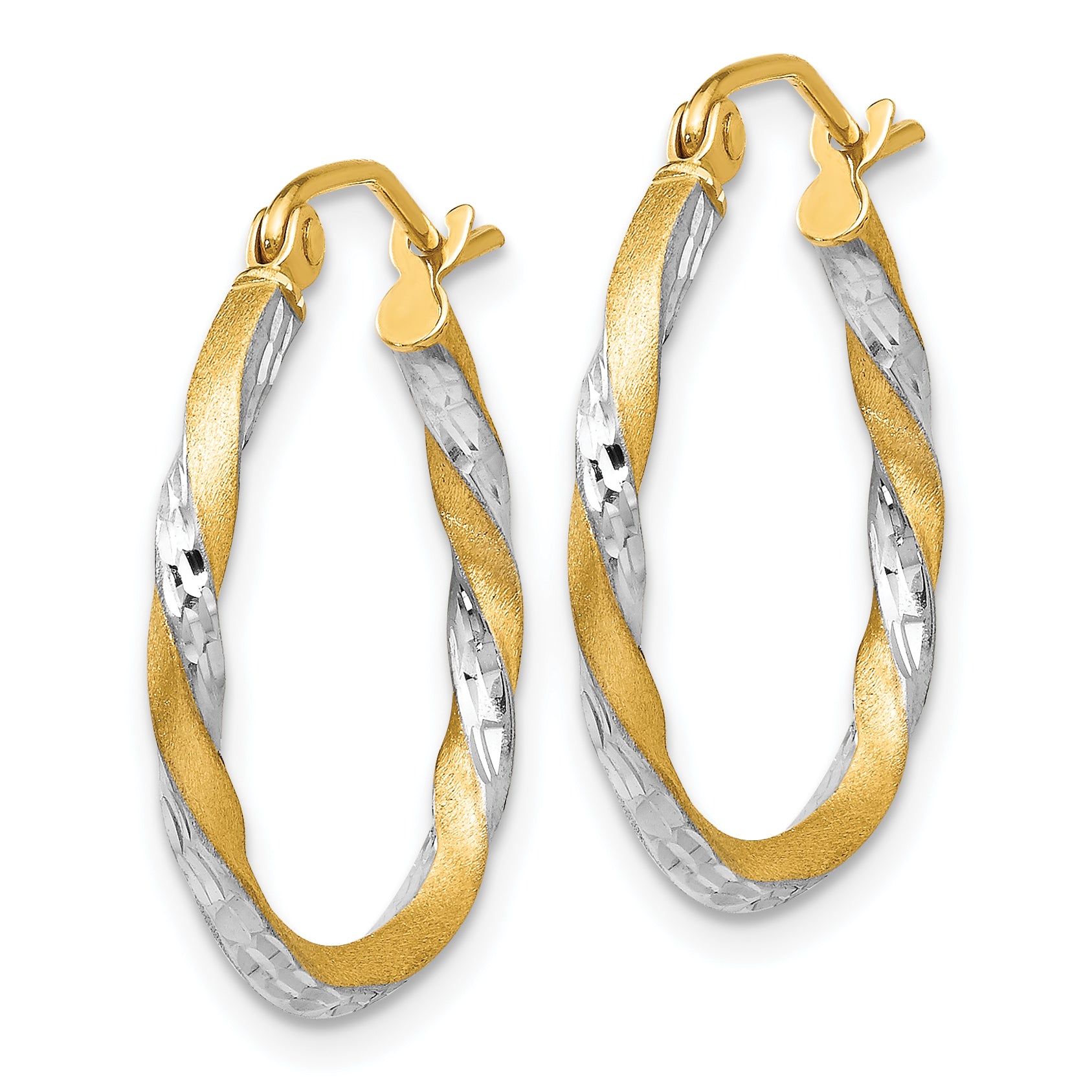 14k & Rhodium Satin Diamond Cut Twisted Hoop Earrings Secondary image
