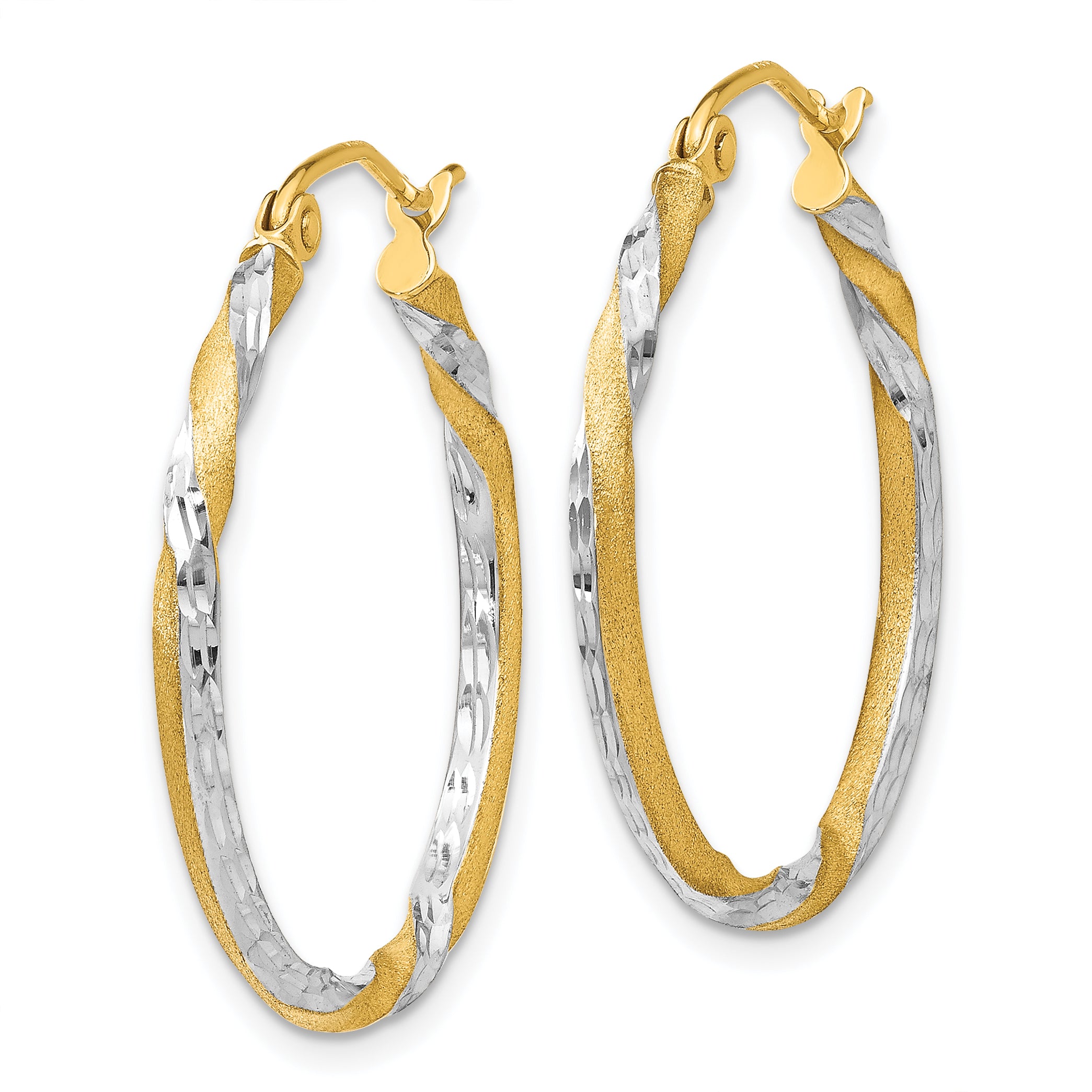 14k & Rhodium Satin Diamond Cut Twisted Hoop Earrings Secondary image