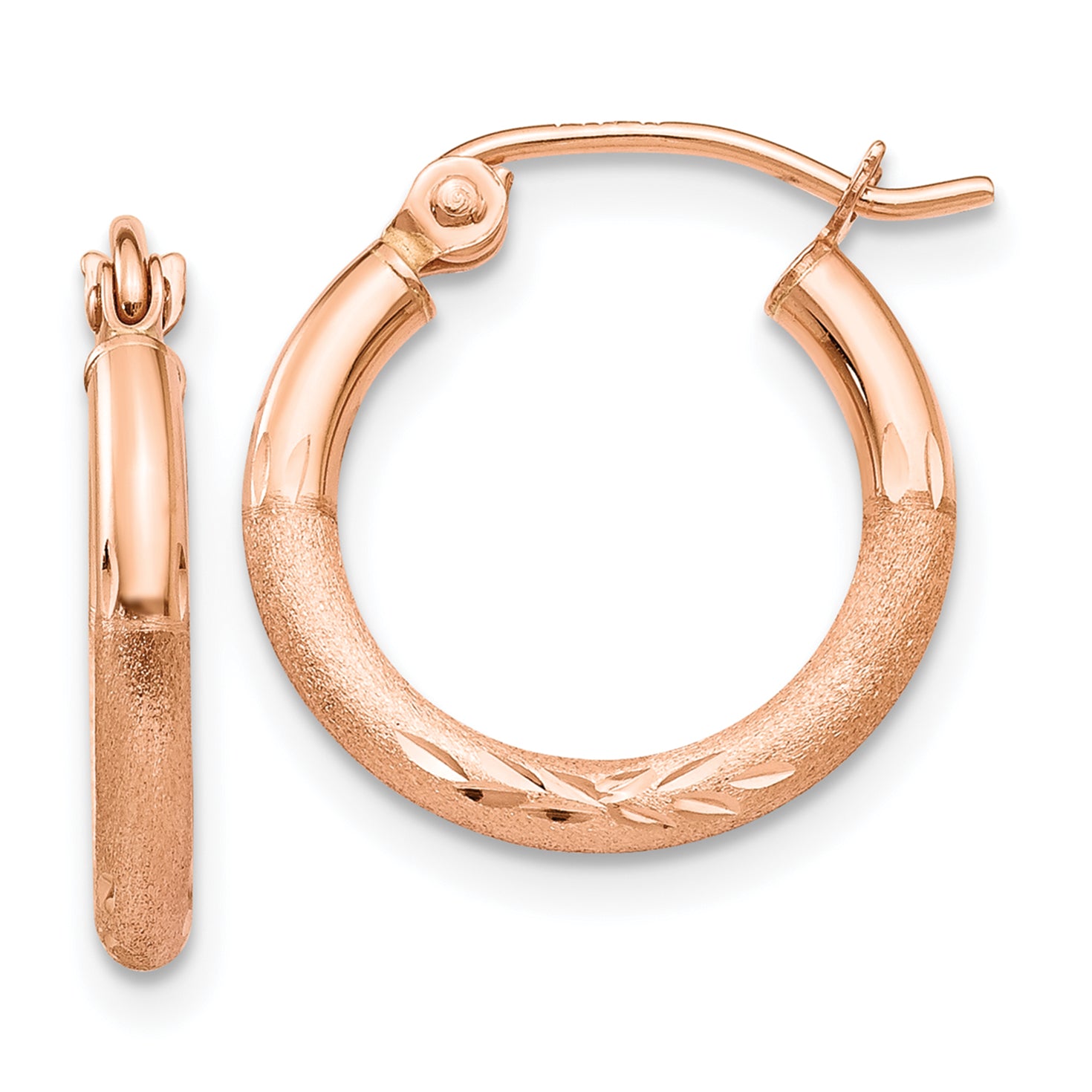 14k Rose Gold Lightweight Satin Diamond Cut Hoop Earrings Main image