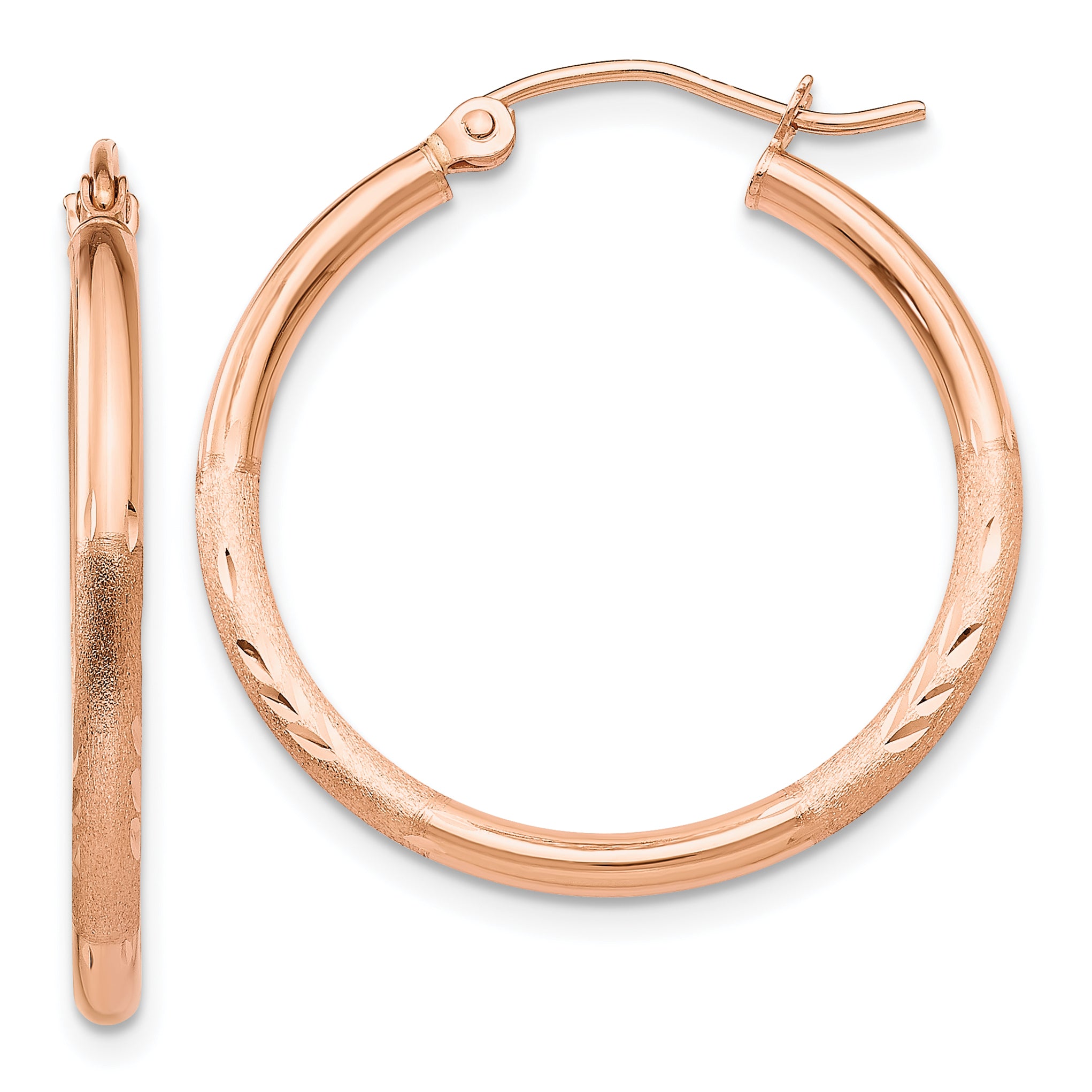 14k Rose Gold Lightweight Satin Diamond Cut Hoop Earrings Main image