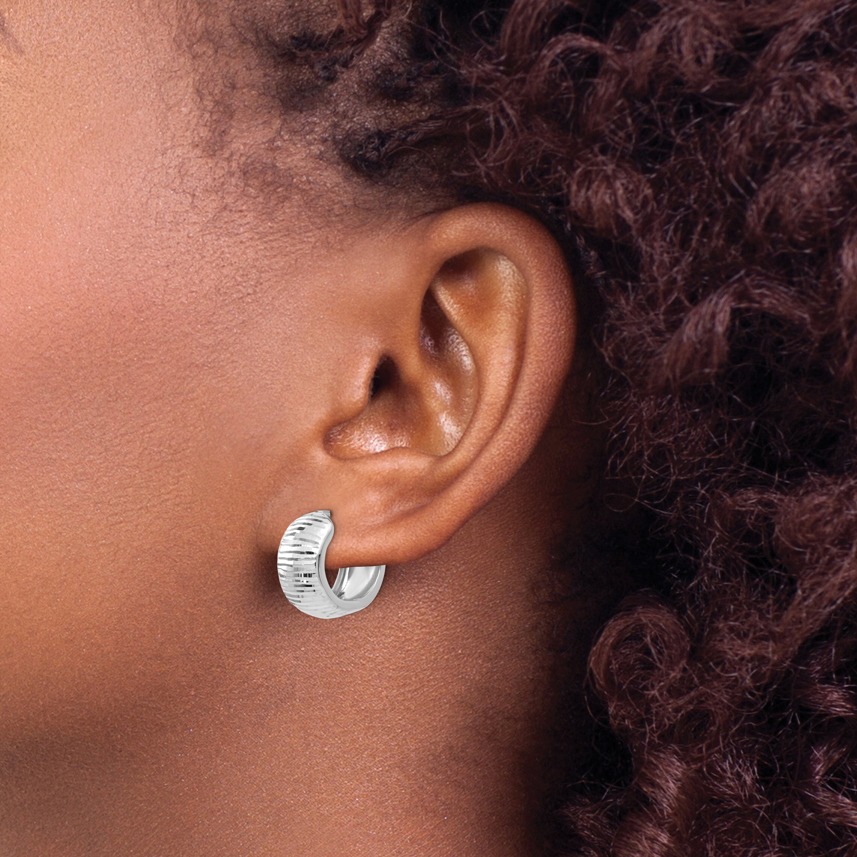 14K White Gold Textured and Polished Hinged Hoop Earrings