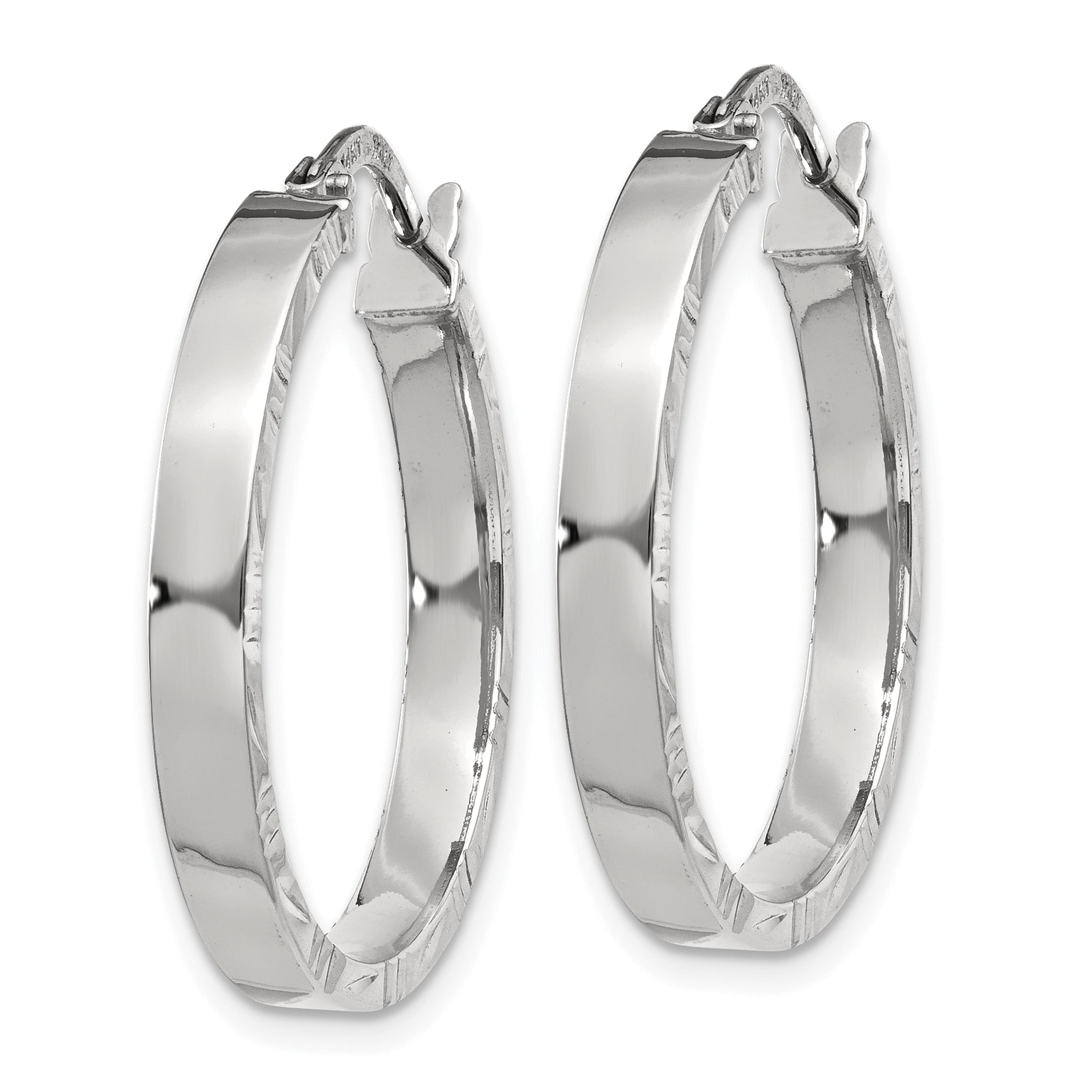 14K White Gold Diamond Cut Edge Medium 3mm Polished Hoop Earrings Secondary image