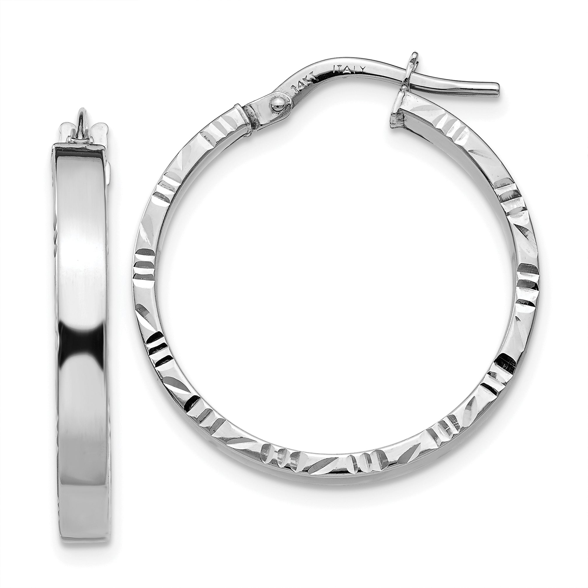 14K White Gold Diamond Cut Edge Medium 3mm Polished Hoop Earrings