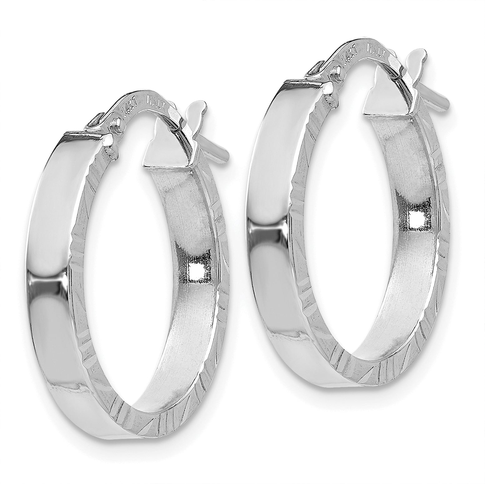 14K White Gold Diamond Cut Edge Large 3mm Polished Hoop Earrings Secondary image