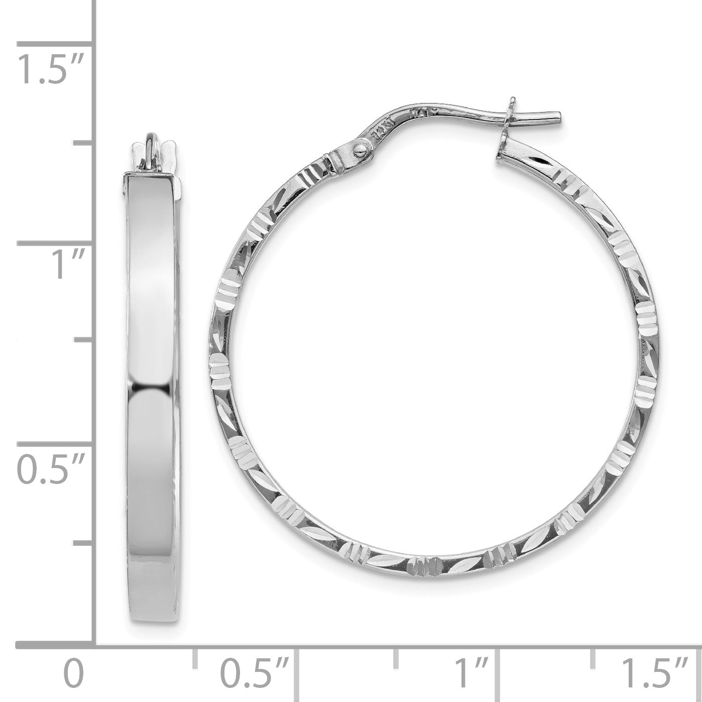 14K White Gold Diamond Cut Edge Large 3mm Polished Hoop Earrings