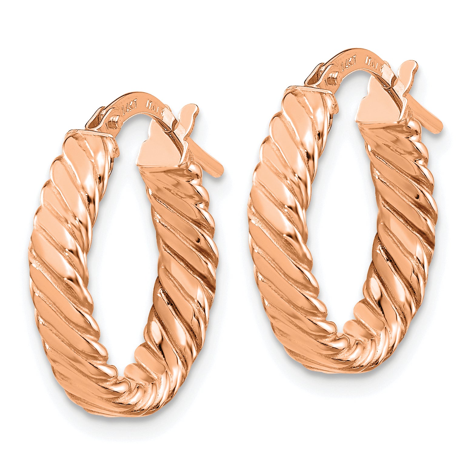 14K Rose Gold 3mm Patterned Oval Hoop Earrings Secondary image