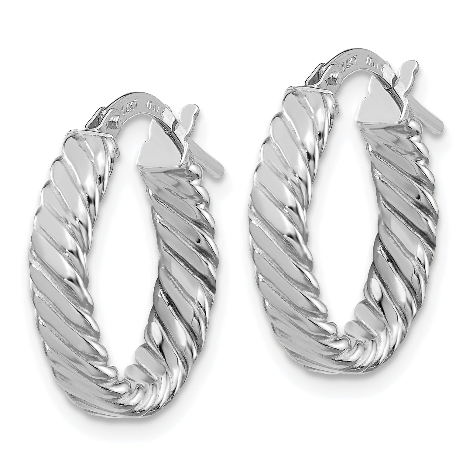 14K White Gold 3mm Patterned Oval Hoop Earrings Secondary image
