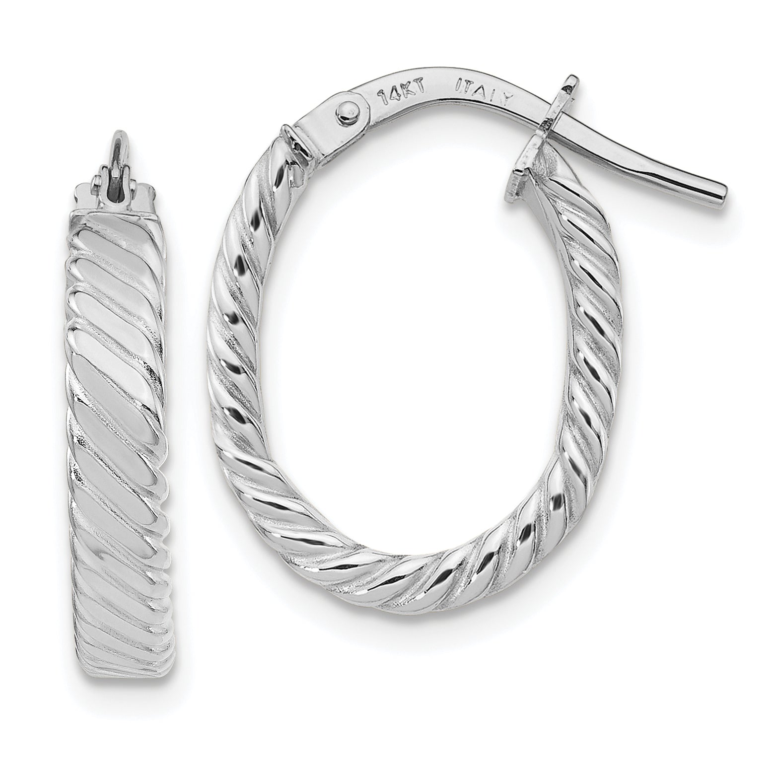 14K White Gold 3mm Patterned Oval Hoop Earrings Main image