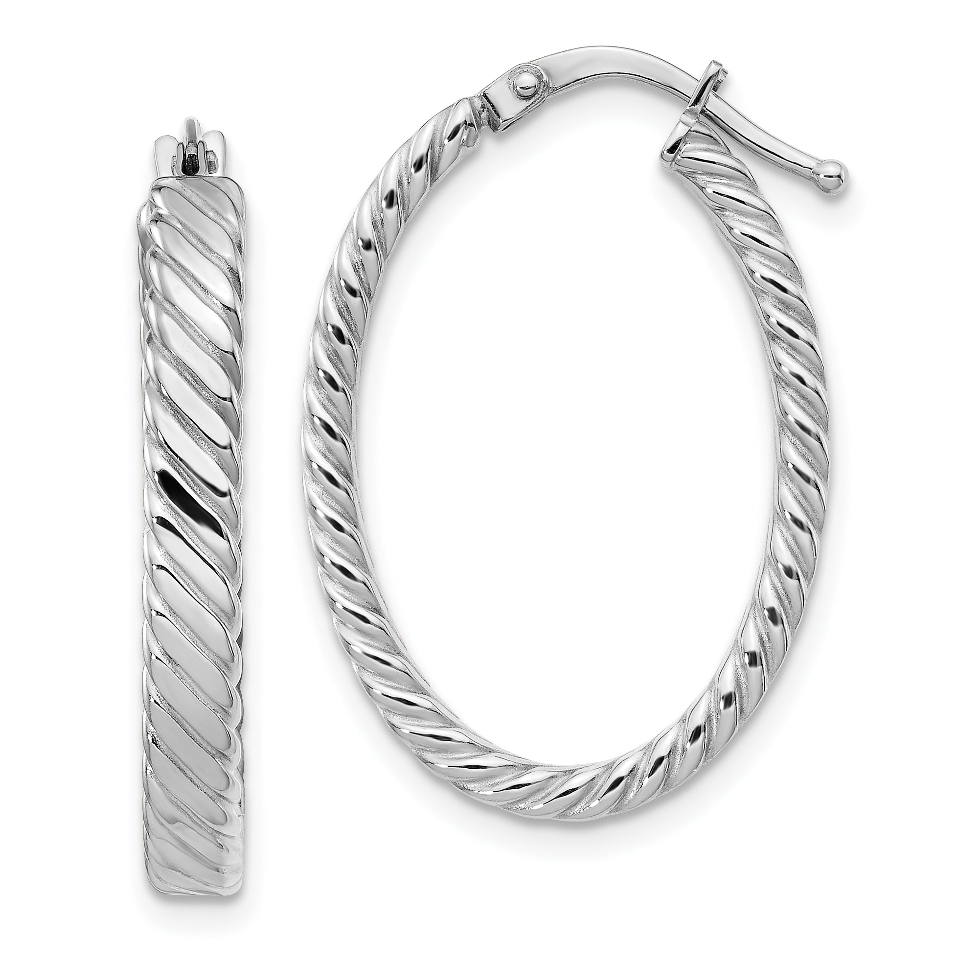 14K White Gold Large 3mm Patterned Oval Hoop Earrings Main image