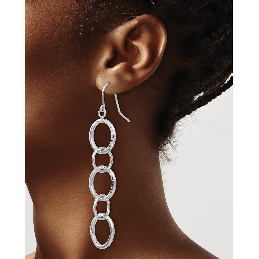 14k White Gold Diamond Cut Circle Dangle Earrings