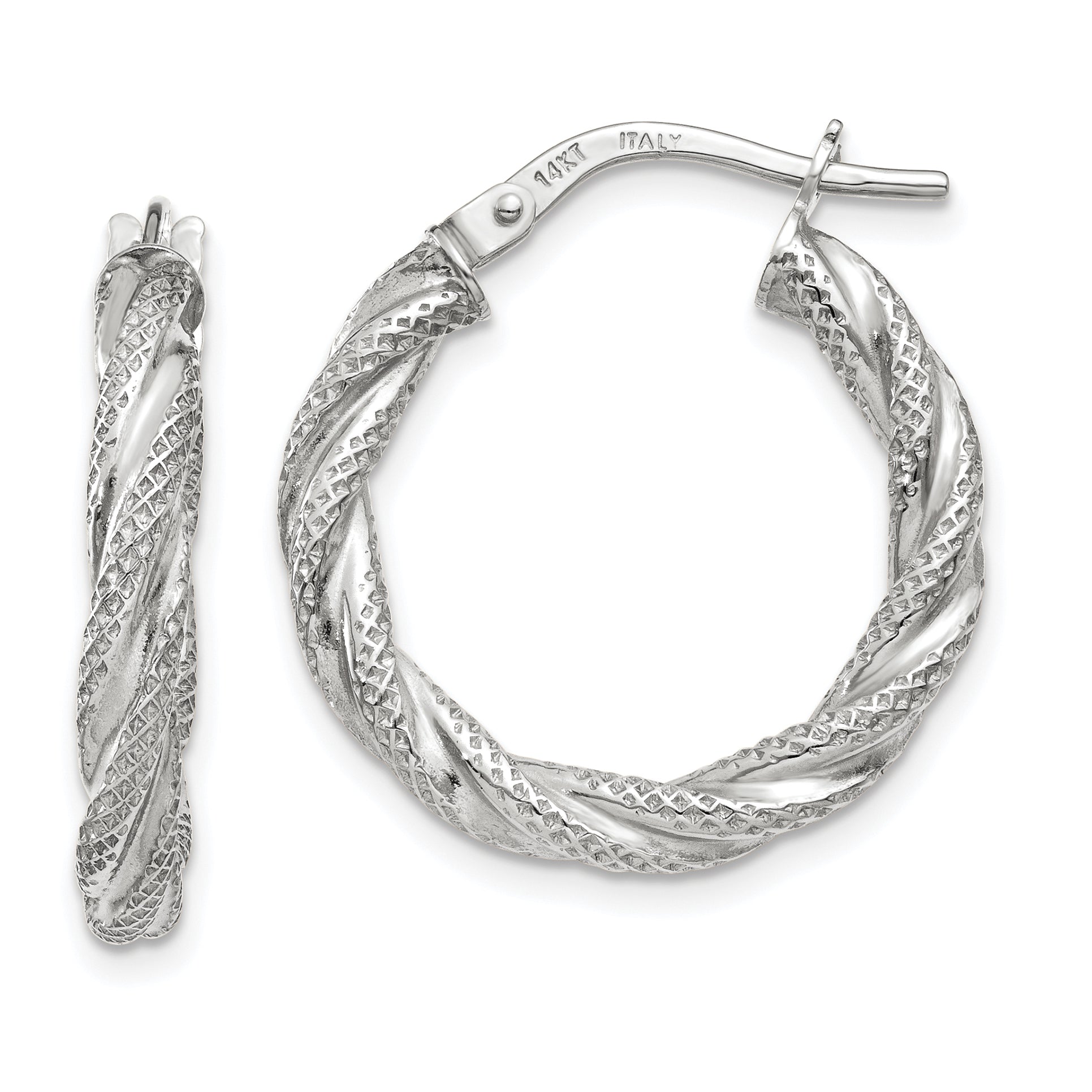 14K White Gold Twisted Textured Hoop Earrings Main image