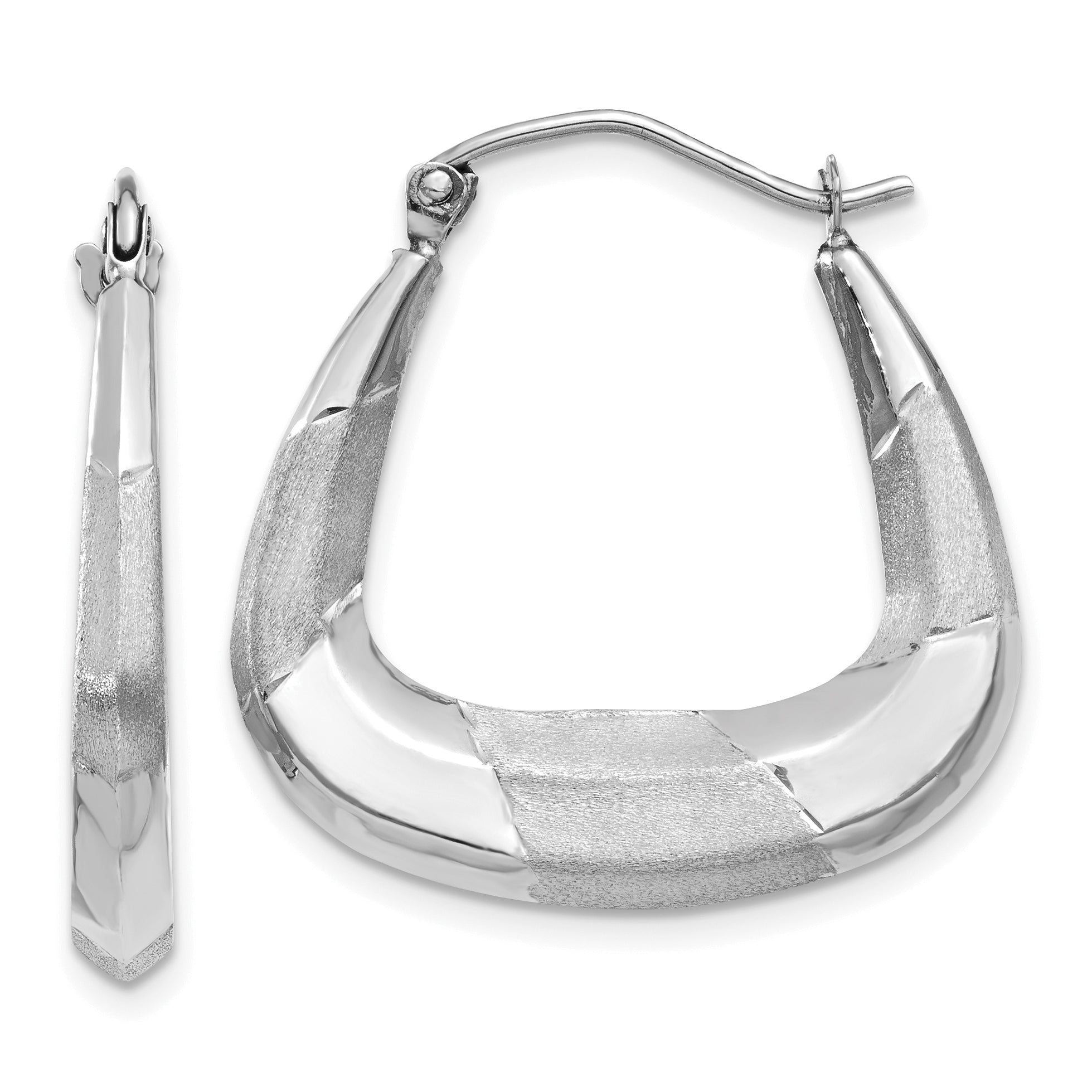 14k White Gold Polished, Satin and Diamond-cut Hoop Earrings Main image