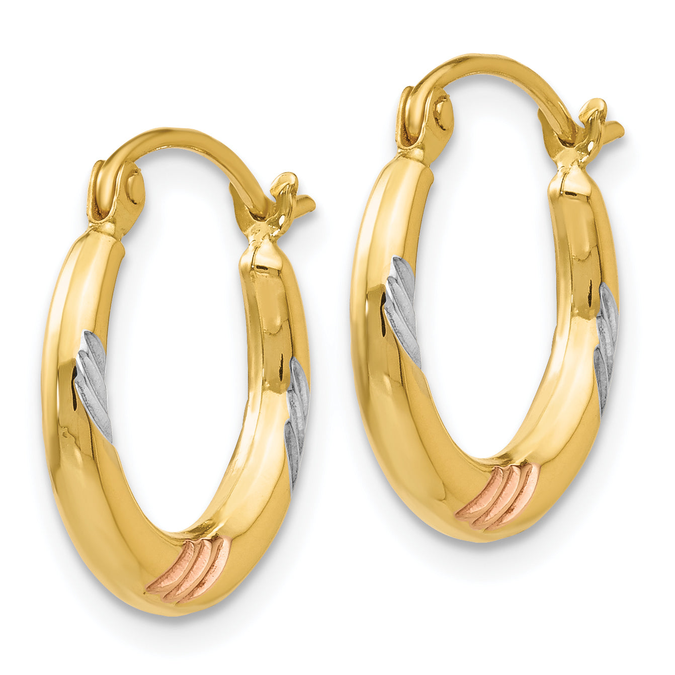 14k & White & Rose Rhodium Polished & Textured Hoop Earrings Secondary image