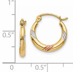 14k & White & Rose Rhodium Polished & Textured Hoop Earrings