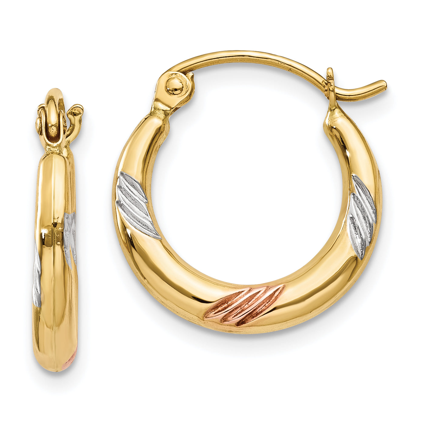14k & White & Rose Rhodium Polished & Textured Hoop Earrings Main image
