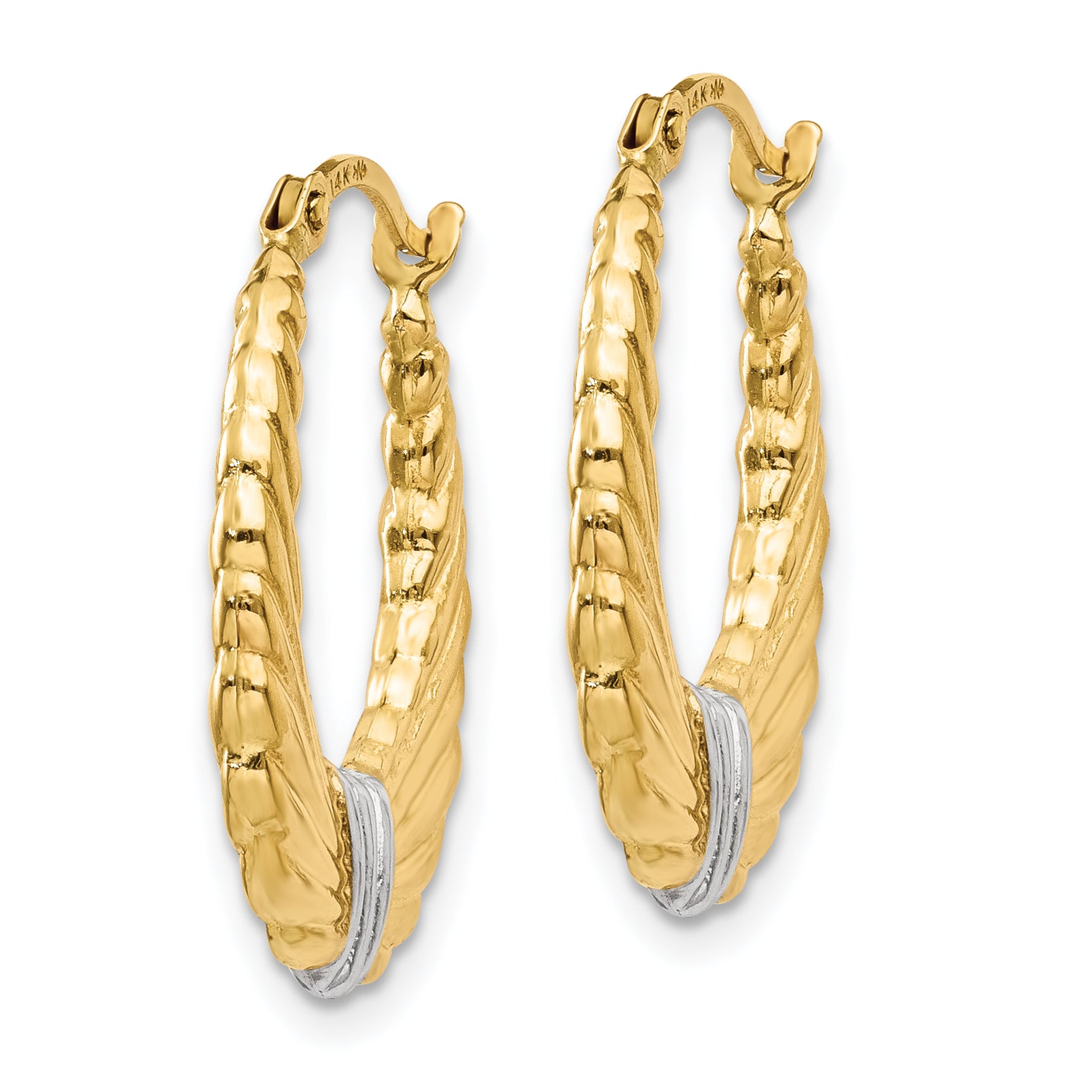 14k & Rhodium Polished and Textured Hoop Earrings Secondary image