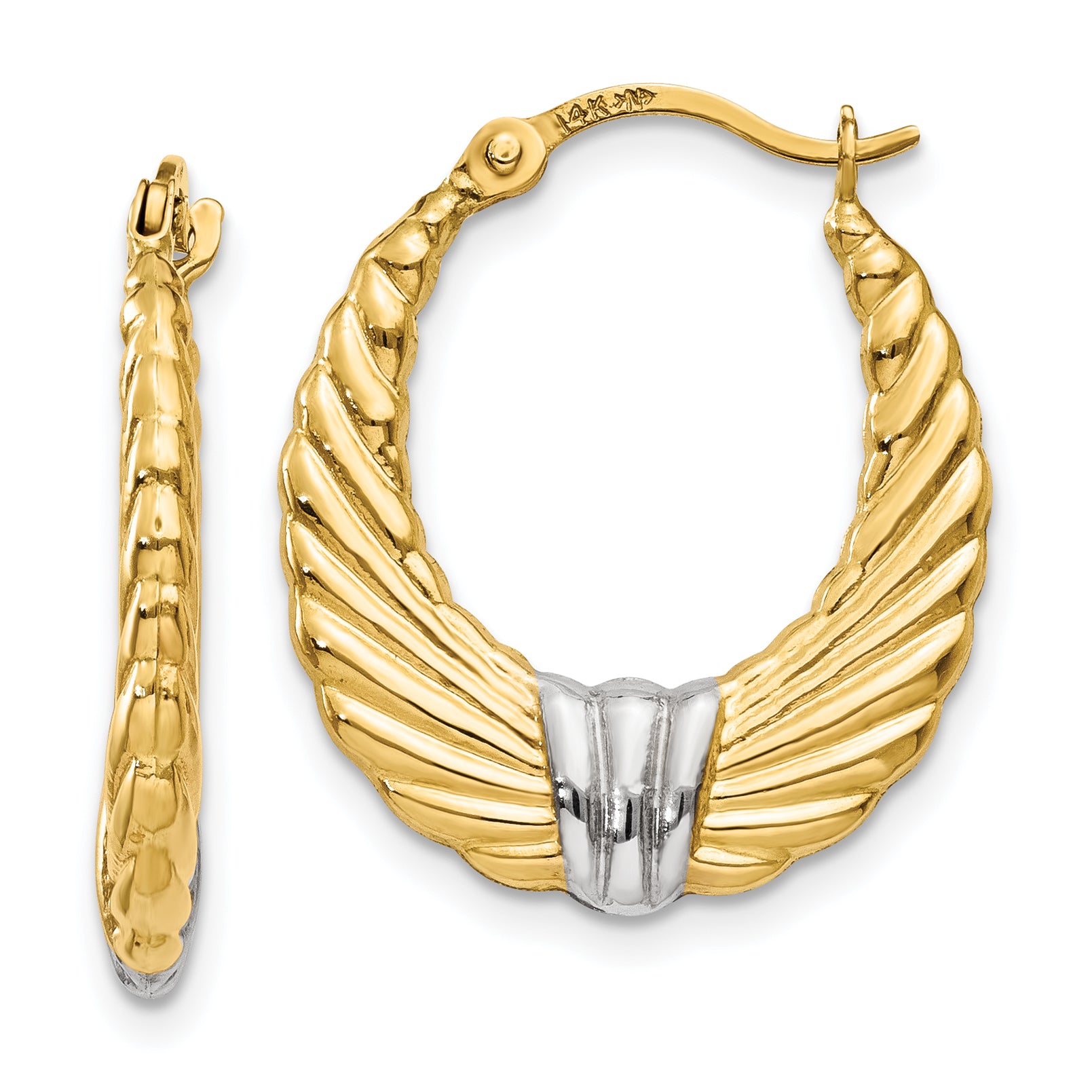 14k & Rhodium Polished and Textured Hoop Earrings Main image