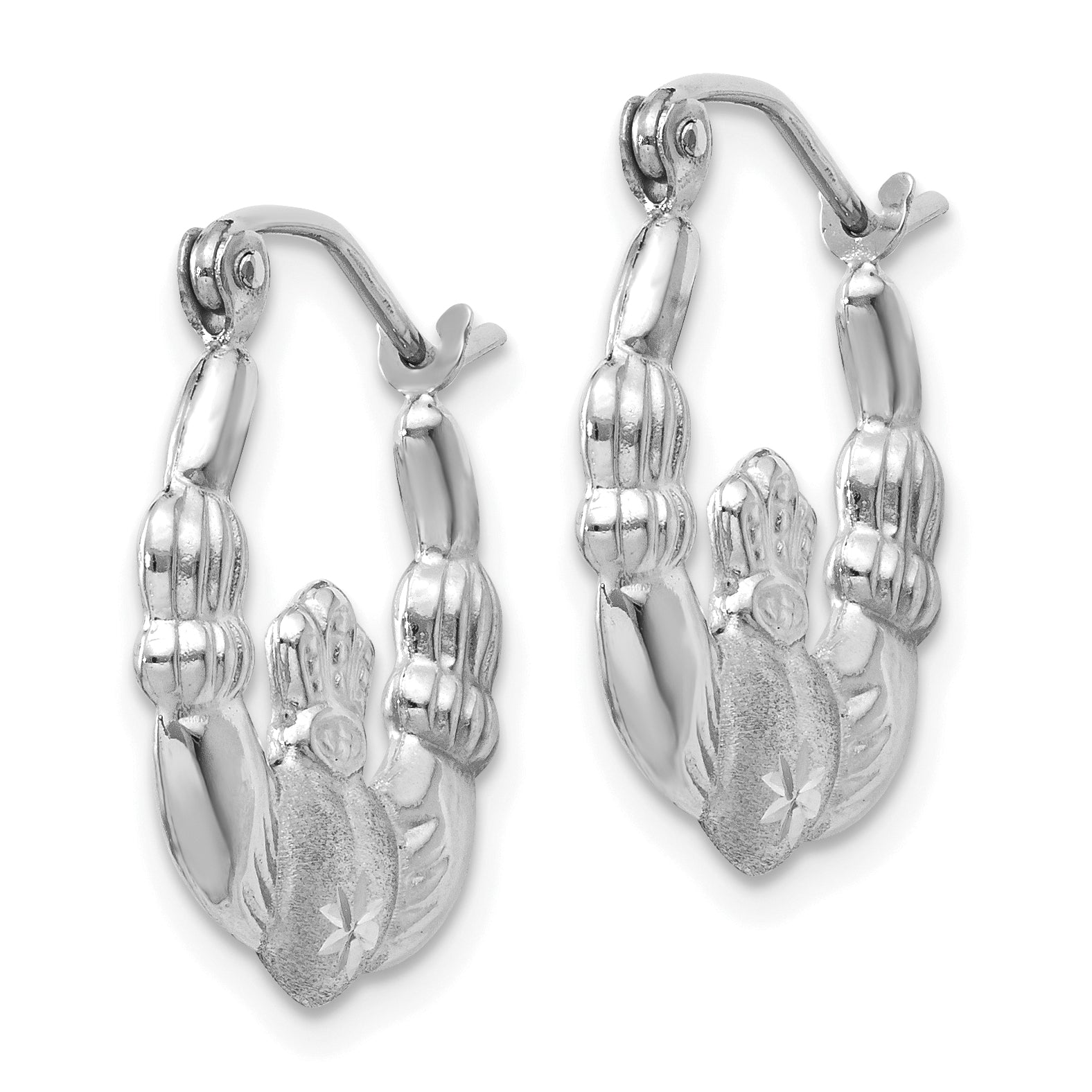 14k White Gold Satin and Diamond-cut Claddagh Hoop Earrings Secondary image