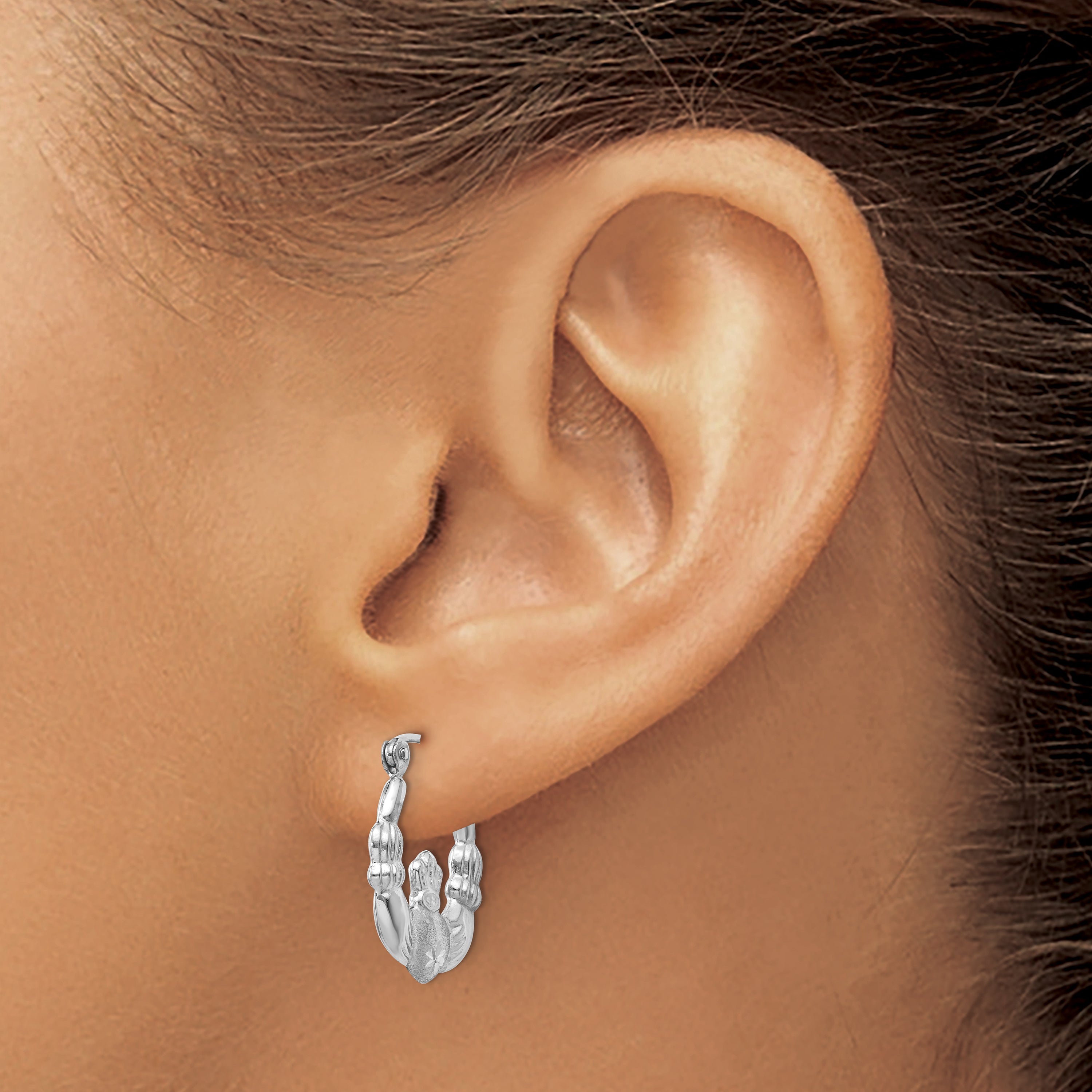 14k White Gold Satin and Diamond-cut Claddagh Hoop Earrings