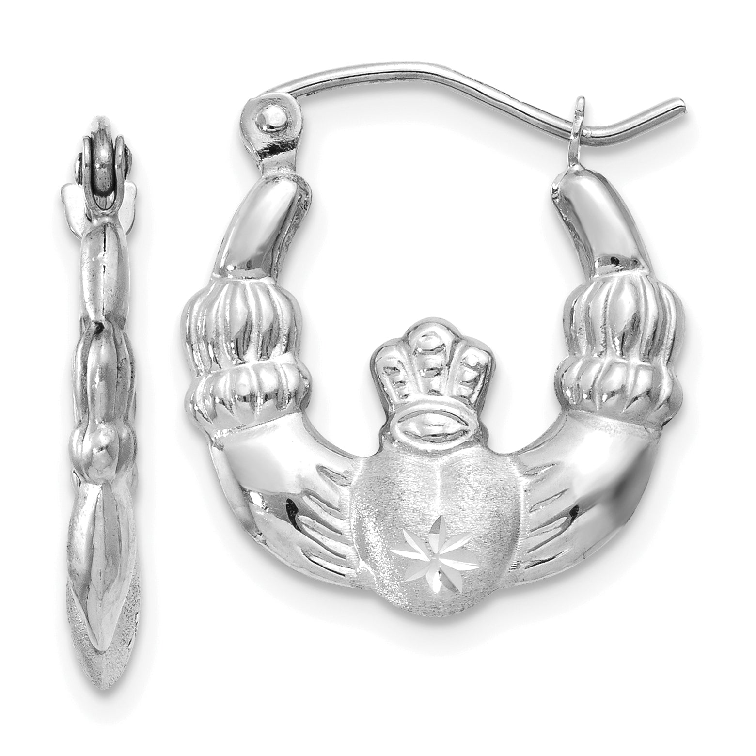 14k White Gold Satin and Diamond-cut Claddagh Hoop Earrings Main image