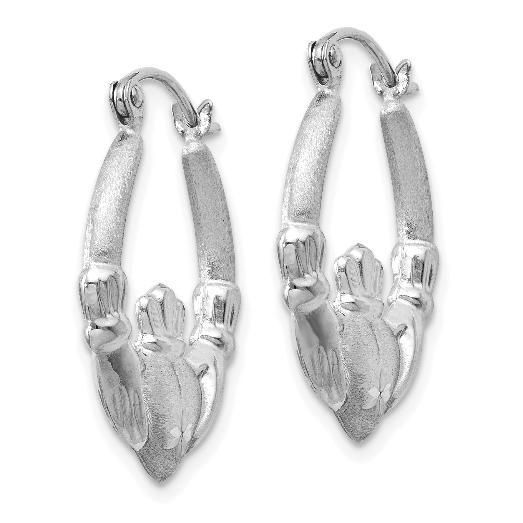 14k White Gold Satin and Diamond-cut Claddagh Hoop Earrings Secondary image