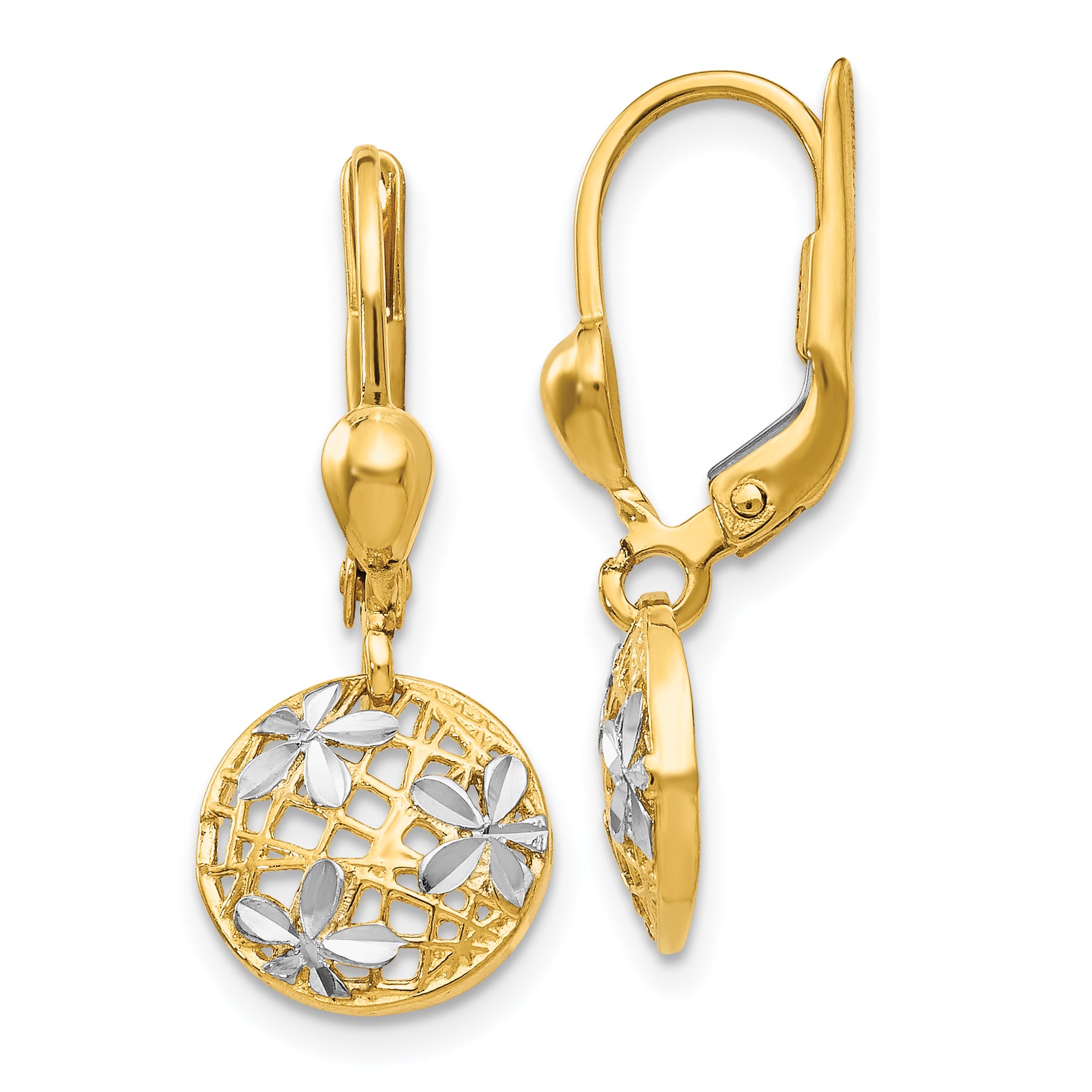 14K and Rhodium Polished Diamond-cut Dangle Leverback Earrings Main image