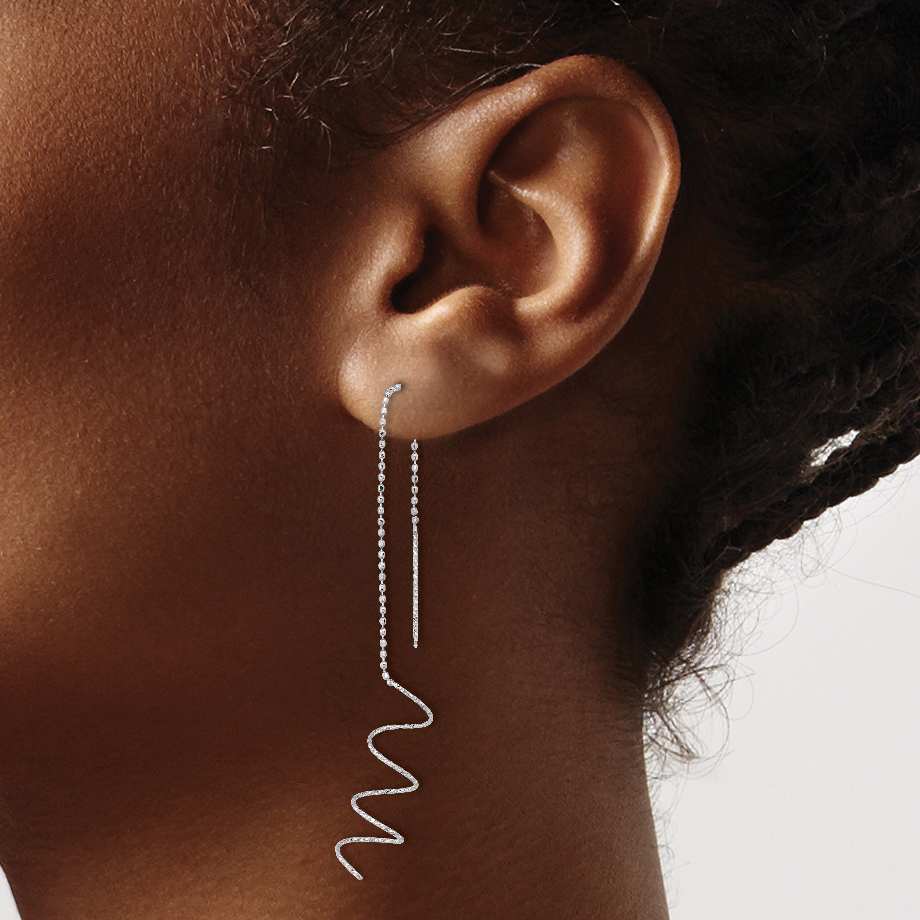 14k White Gold Polished Diamond-cut Spiral Threader Earrings