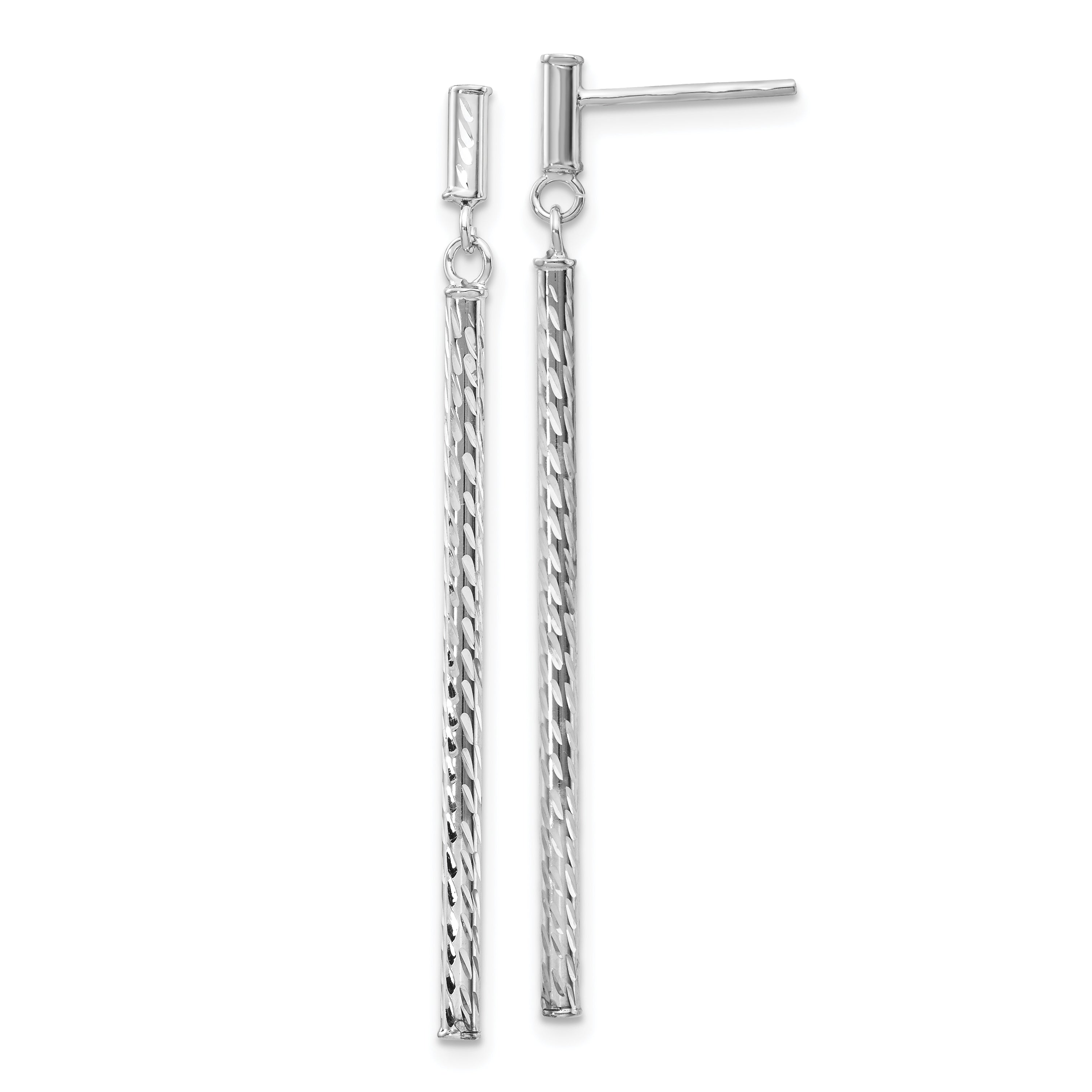 14k White Gold Polished and Diamond-cut Bar Dangle Post Earrings