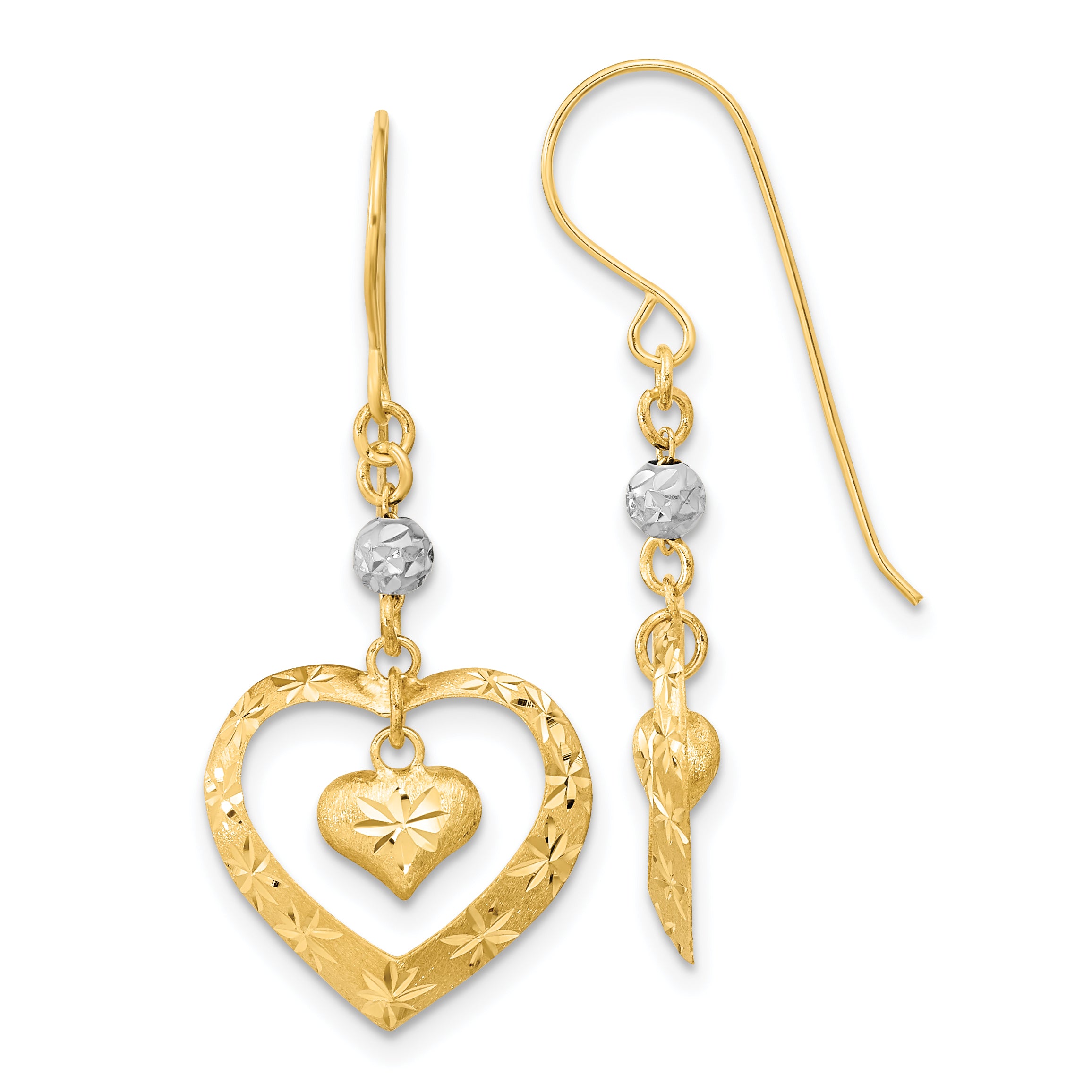 14k Two-tone Satin D/C Heart Dangle Shepherd Hook Earrings