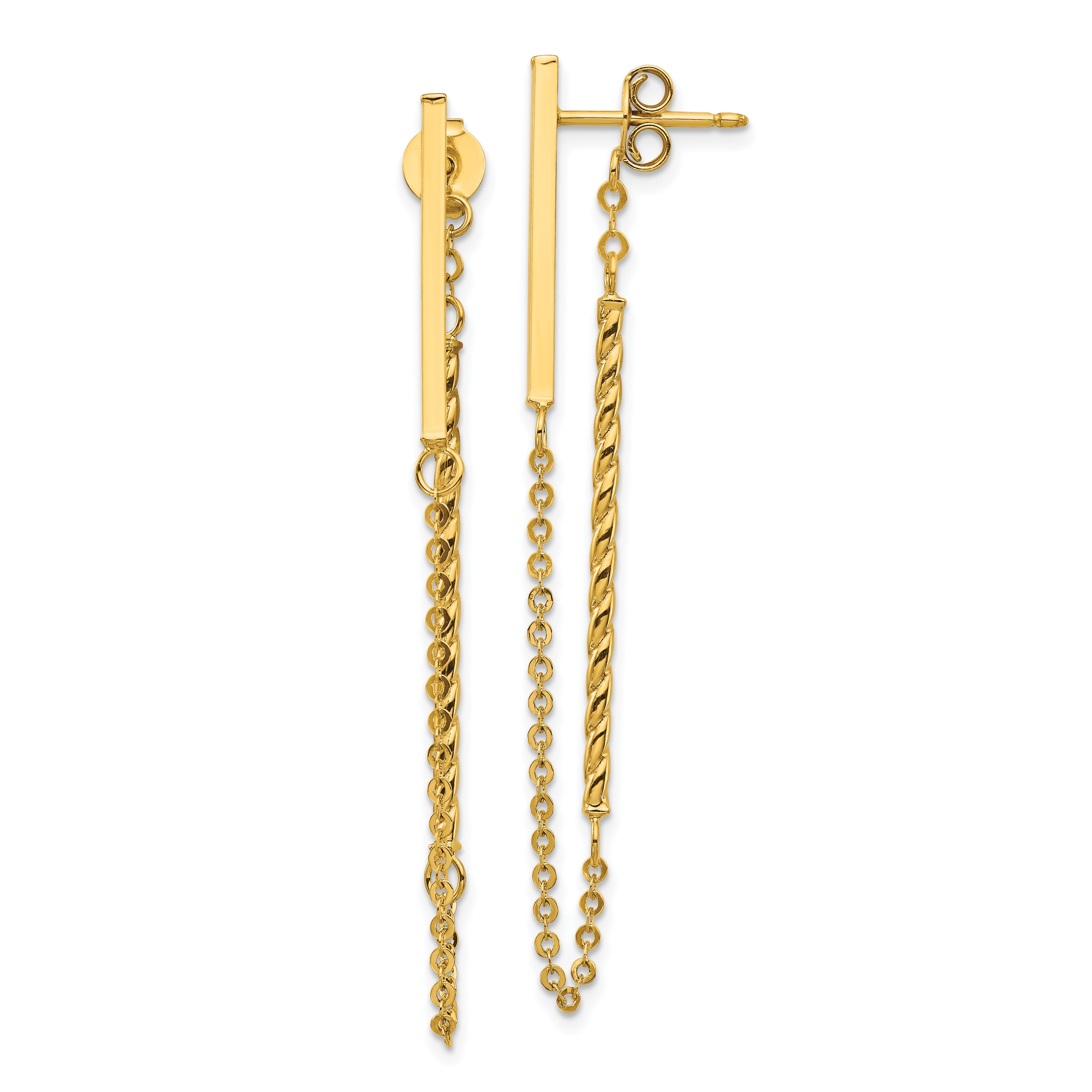 14k Polished and Twisted Bar w/Chain Post Earrings