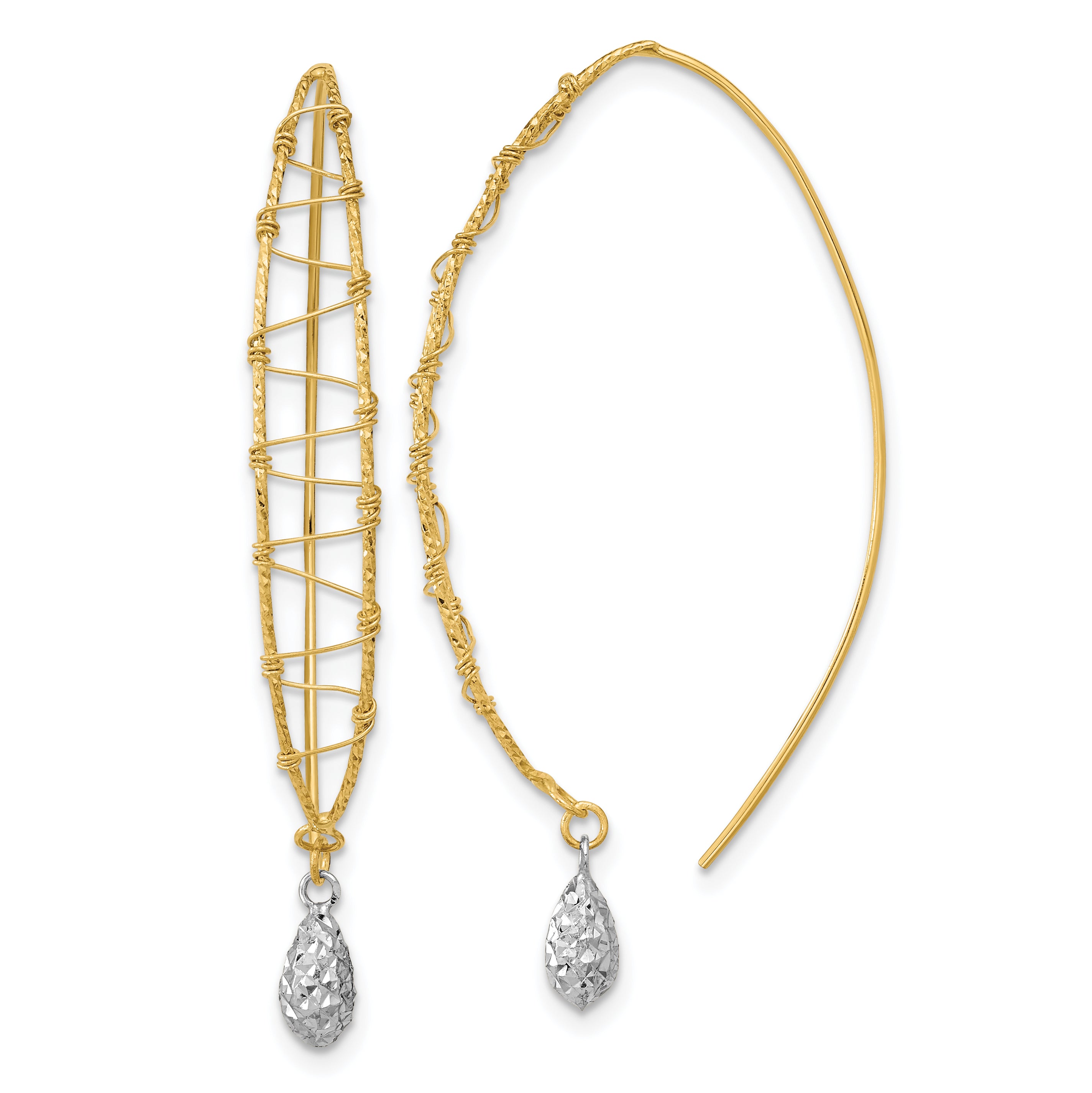 14k Two-tone Polished Wire Wrapped Diamond Cut Wire Dangle Earrings
