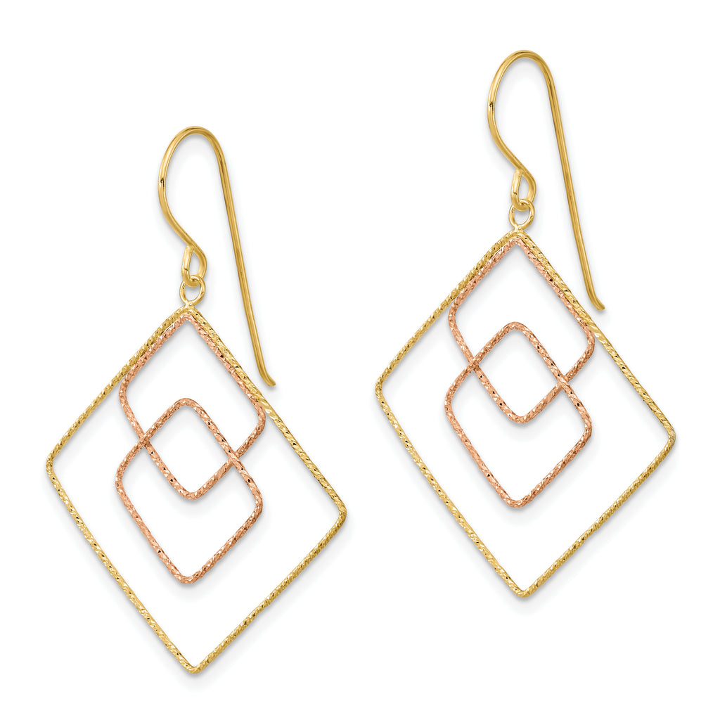 14k Two-tone Diamond-cut Graduated Square Shepherd Hook Earrings