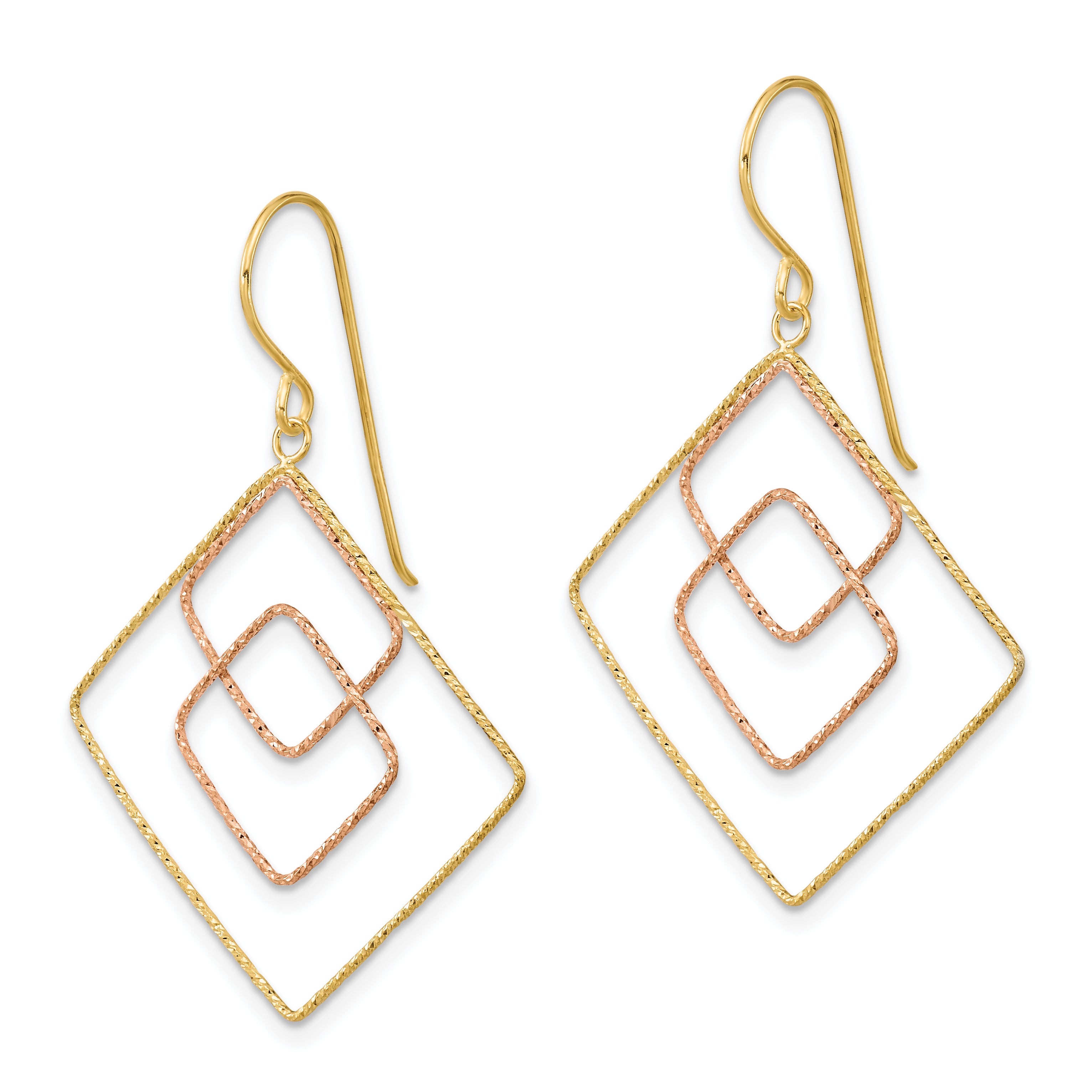 14k Two-tone Diamond-cut Graduated Square Shepherd Hook Earrings