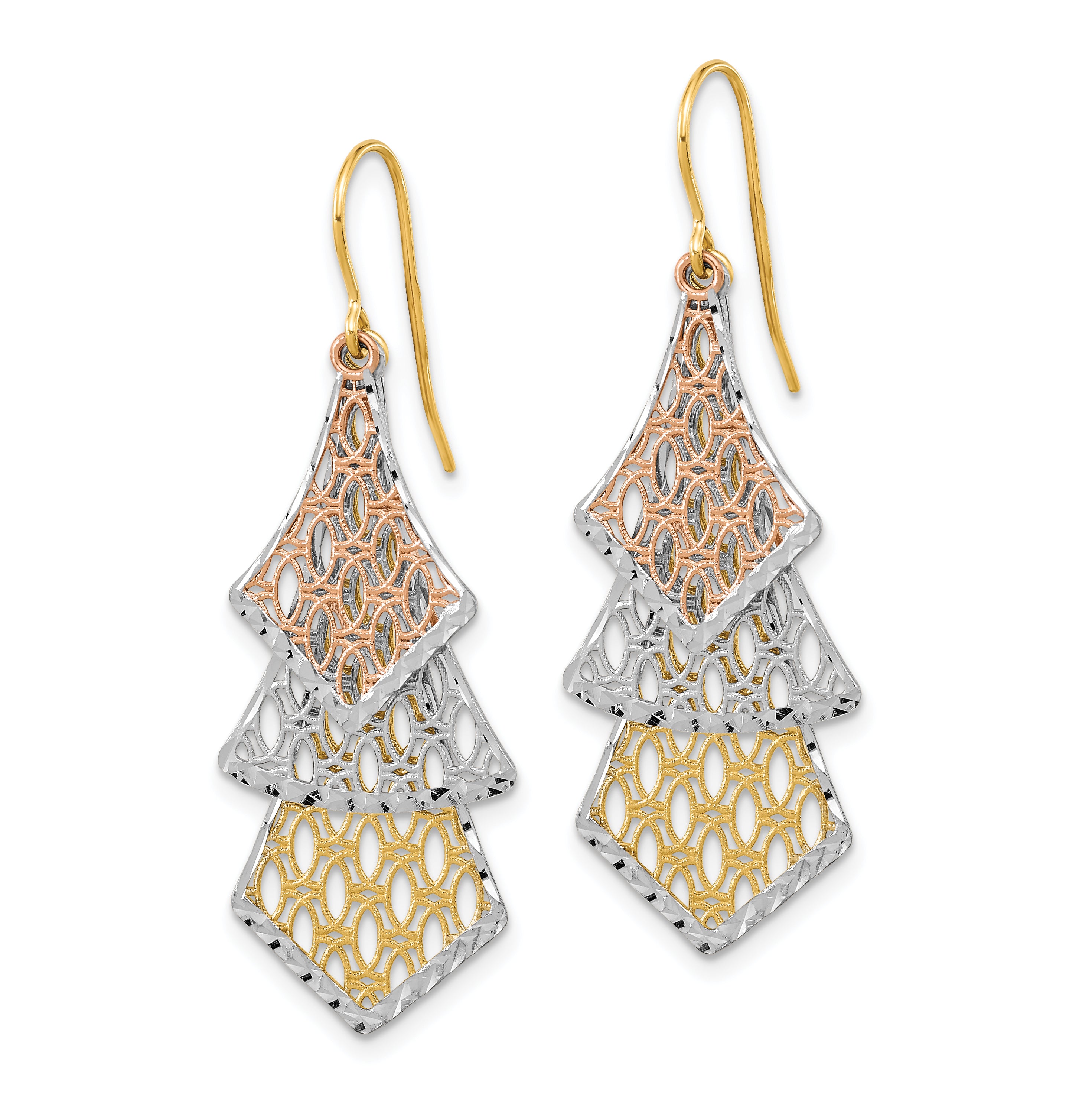 14k Tri-color D/C Polished Filigree Dangle Earrings