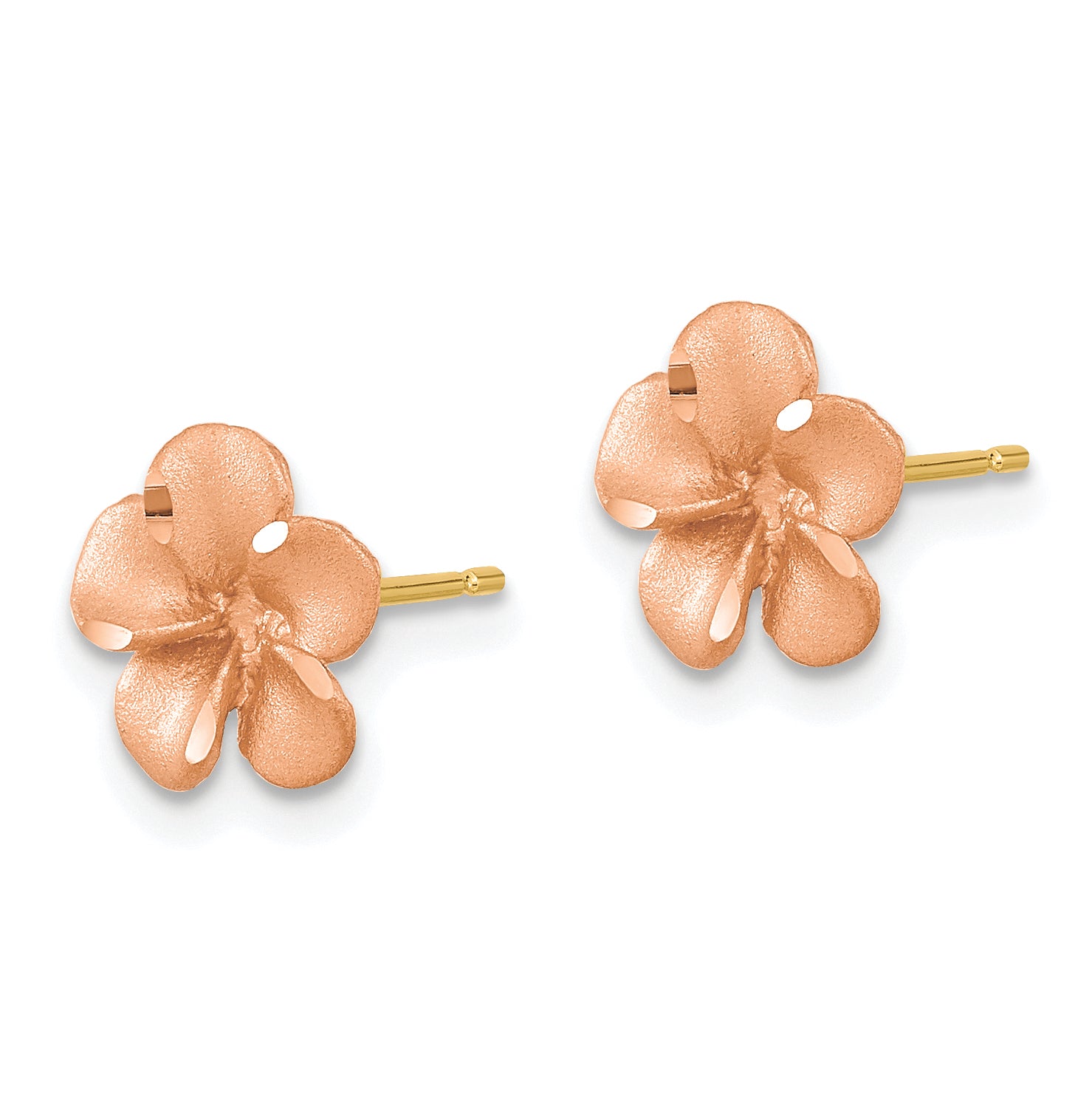 14k Rose Rhodium Diamond-cut Plumeria with Yellow Gold Post Earrings Secondary image
