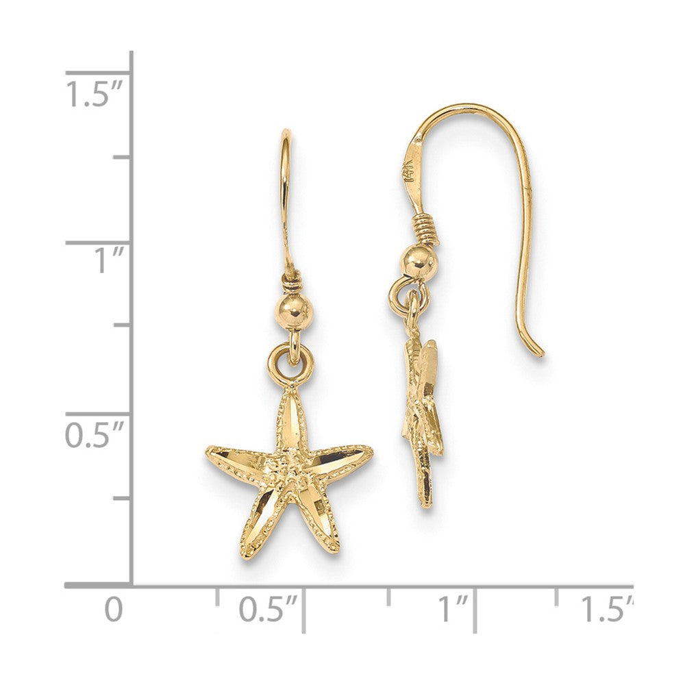 14k Polished & Textured Diamond-cut Starfish Shepherd Hook Earrings
