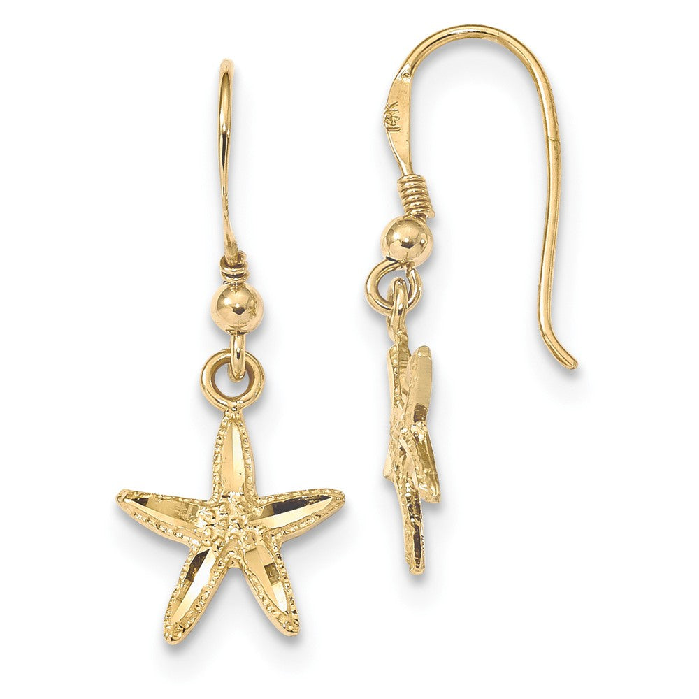 14K Polished & Textured Diamond-cut Starfish Shepherd Hook Earrings