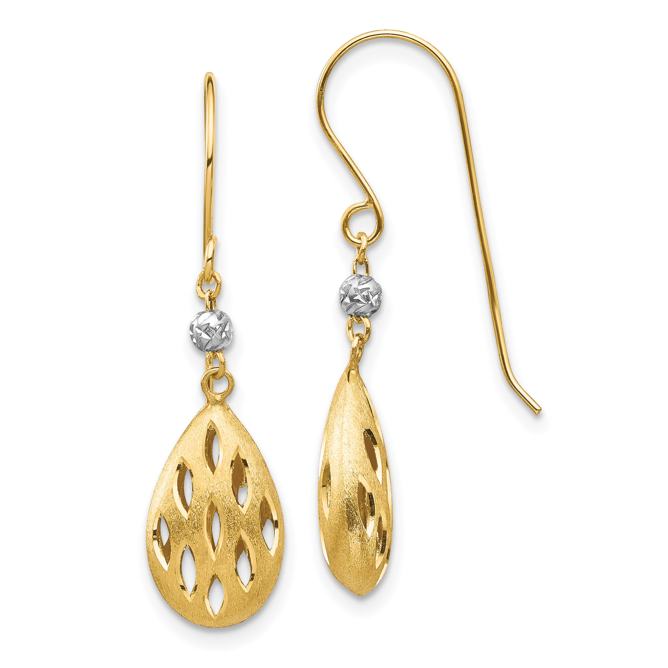 14k Two-Tone Diamond Cut Teardrop Dangle Earrings Main image