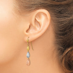 14k Tri-color Puff Diamond-cut Teardrop Dangle Earrings