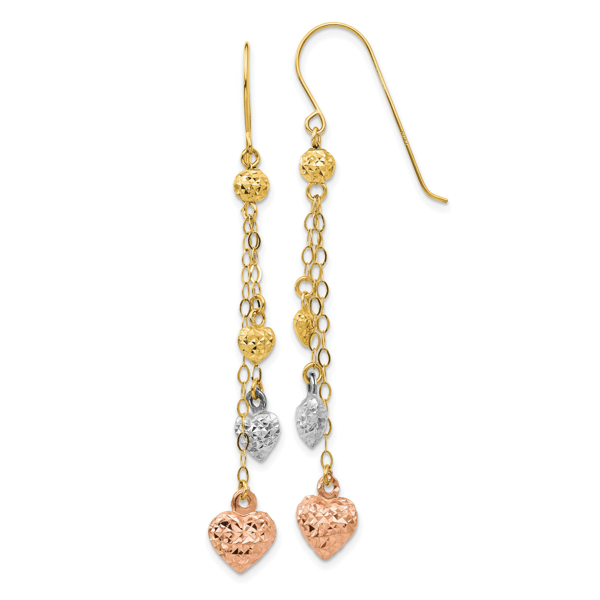 14k Tri-color Puff Heart Dangle Earrings