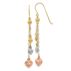 14k Tri-color Puff Heart Dangle Earrings