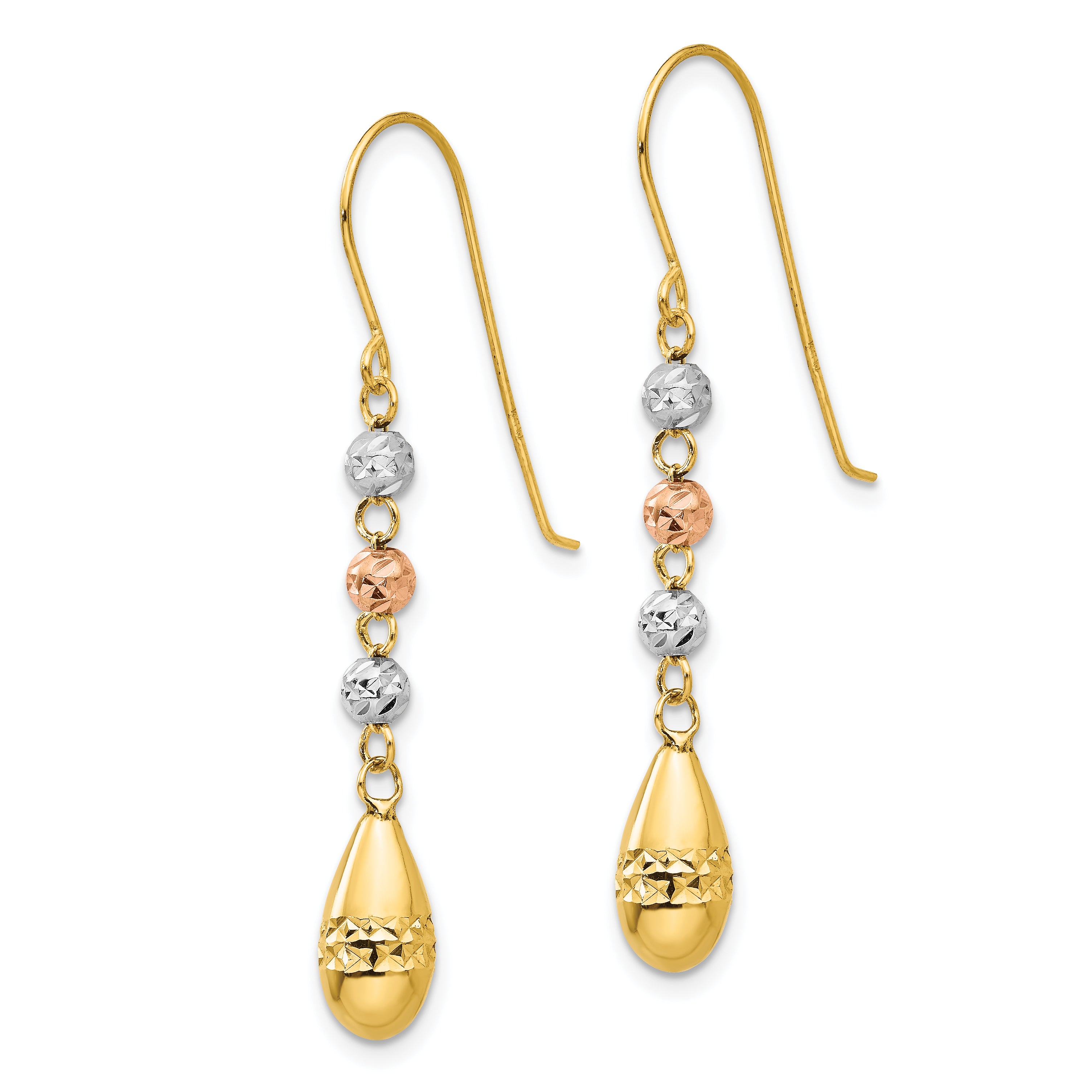 14k Tri-color Diamond-cut Teardrop Beaded Puff Dangle Earrings Secondary image