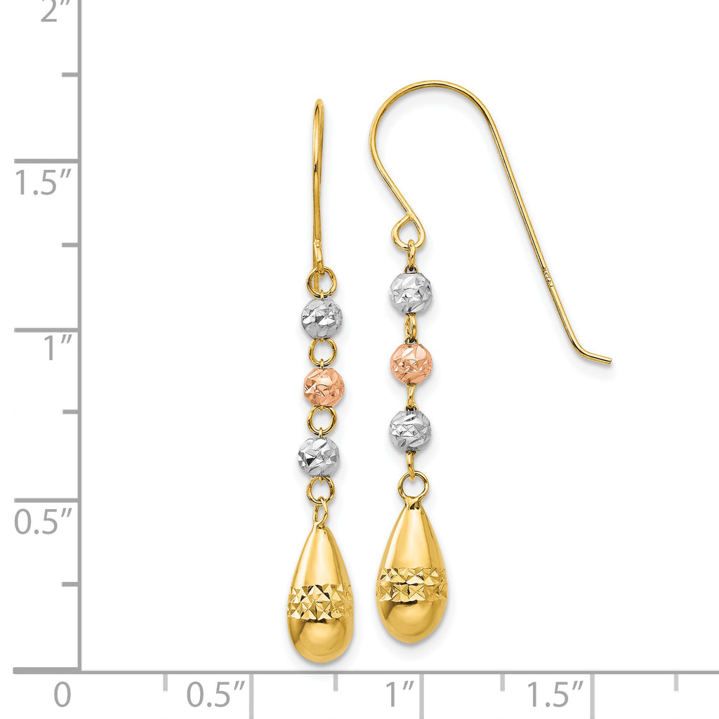 14k Tri-color Diamond-cut Teardrop Beaded Puff Dangle Earrings