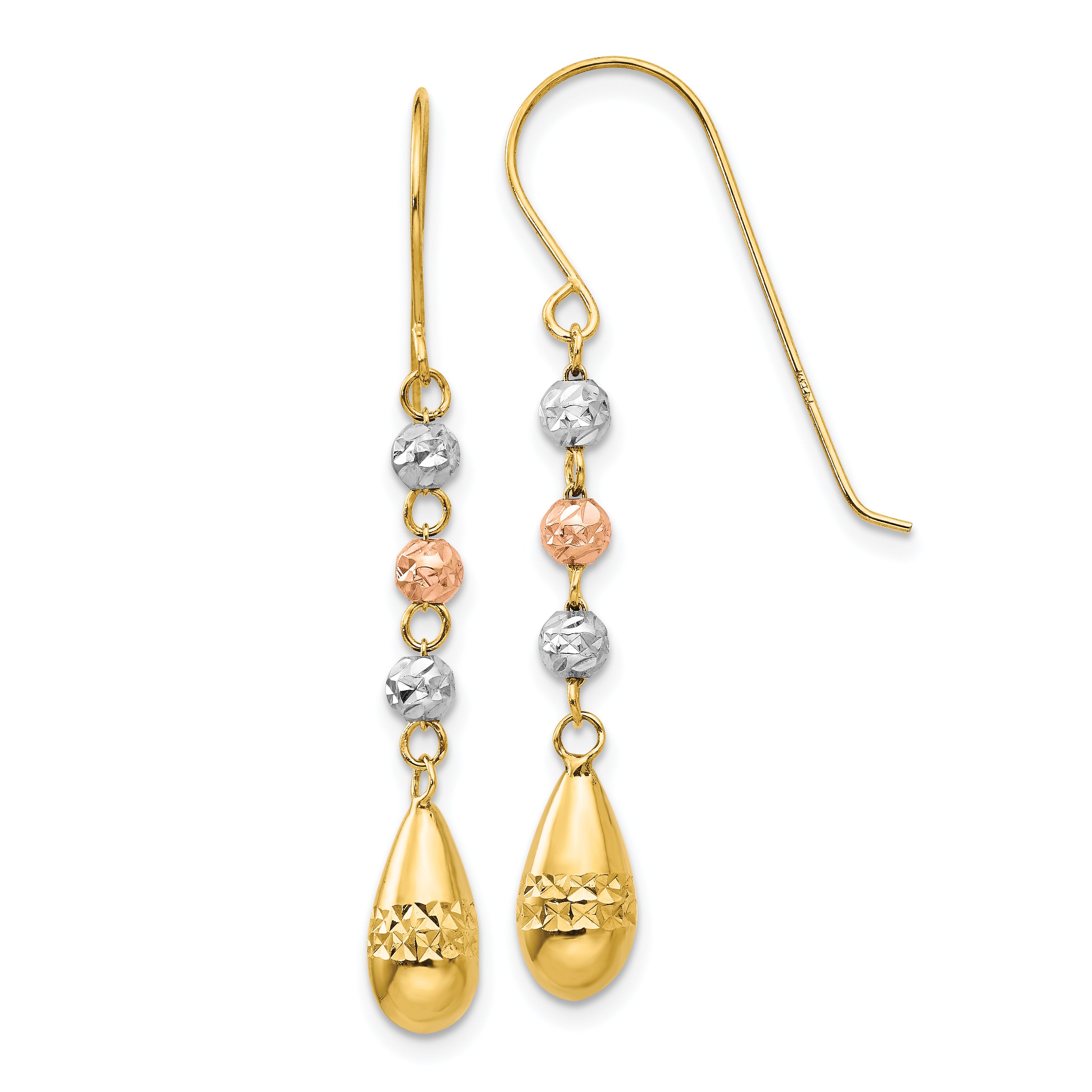 14k Tri-color Diamond-cut Teardrop Beaded Puff Dangle Earrings Main image