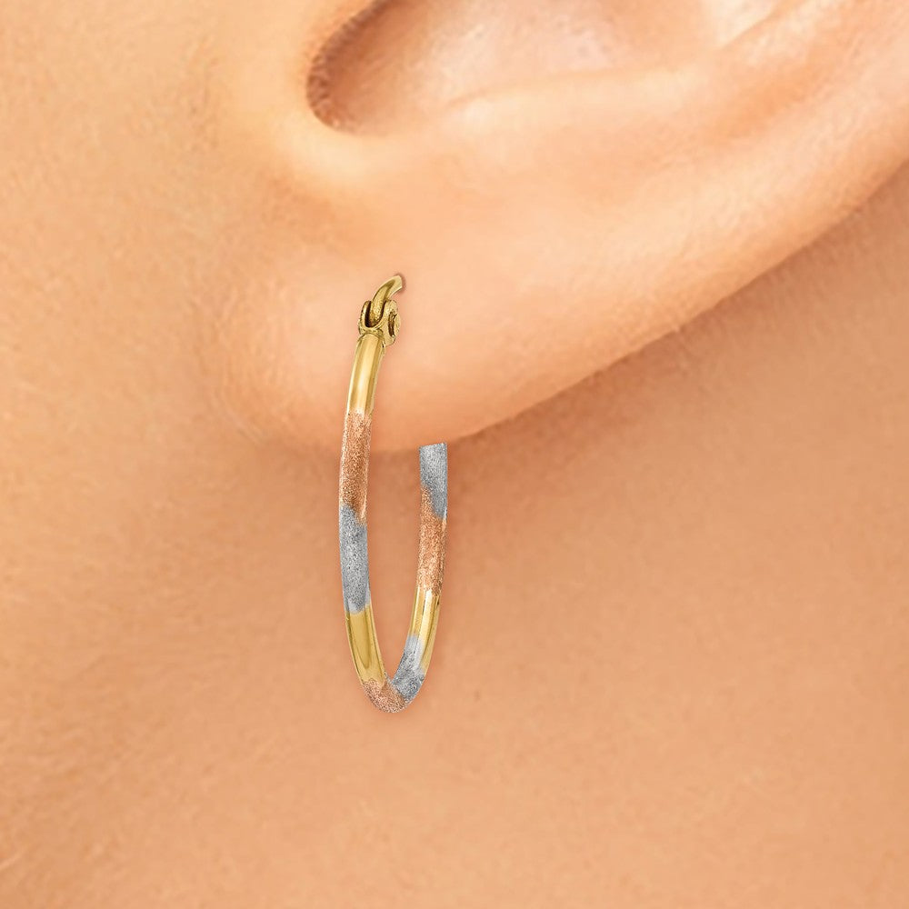 14K With White and Rose Rhodium Diamond Cut Hoop Earrings