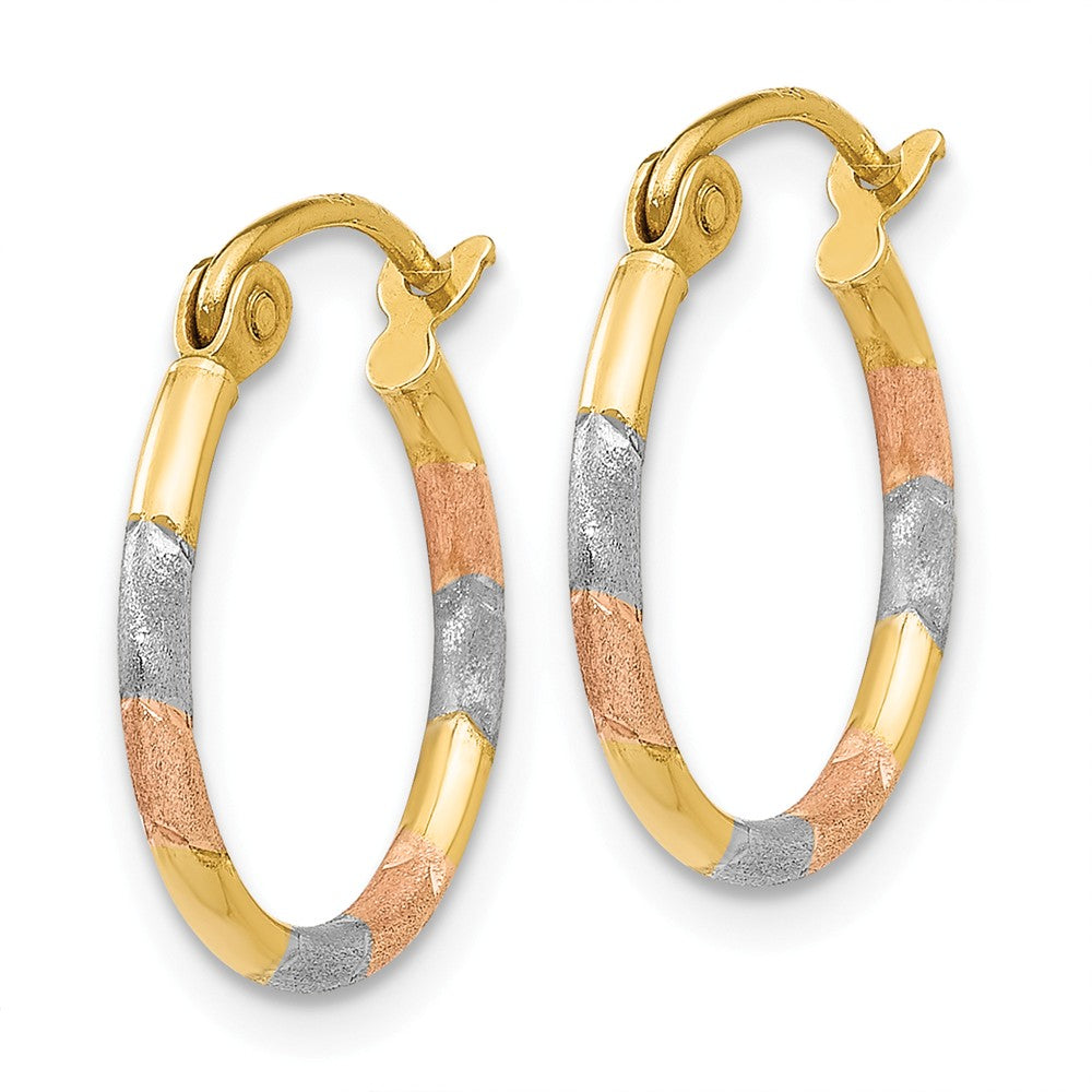 14K With White and Rose Rhodium 1.5mm Satin & Diamond Cut  Hoop Earrings