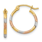 14K With White and Rose Rhodium 1.5mm Satin & Diamond Cut  Hoop Earrings
