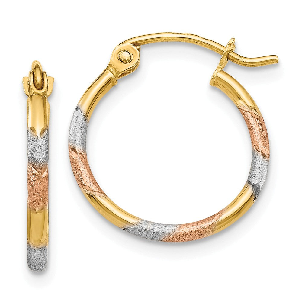 14K With White and Rose Rhodium 1.5mm Satin & Diamond Cut  Hoop Earrings