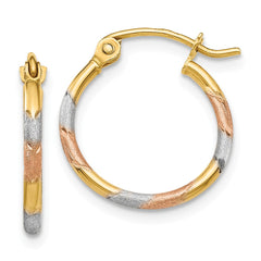 14K With White and Rose Rhodium 1.5mm Satin & Diamond Cut  Hoop Earrings
